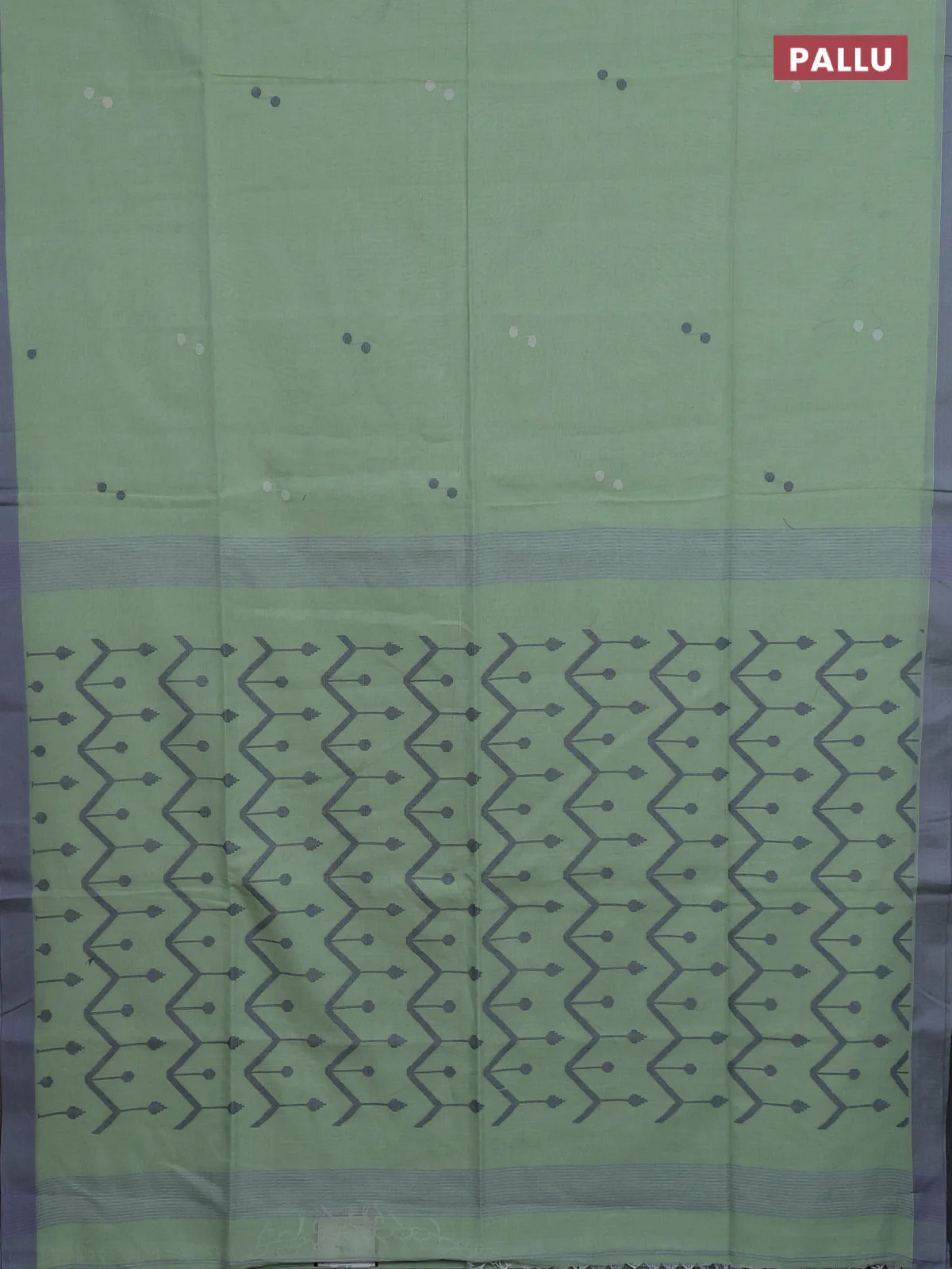 Bengal soft cotton saree pista green and grey with thread woven buttas and simple border - Image 3