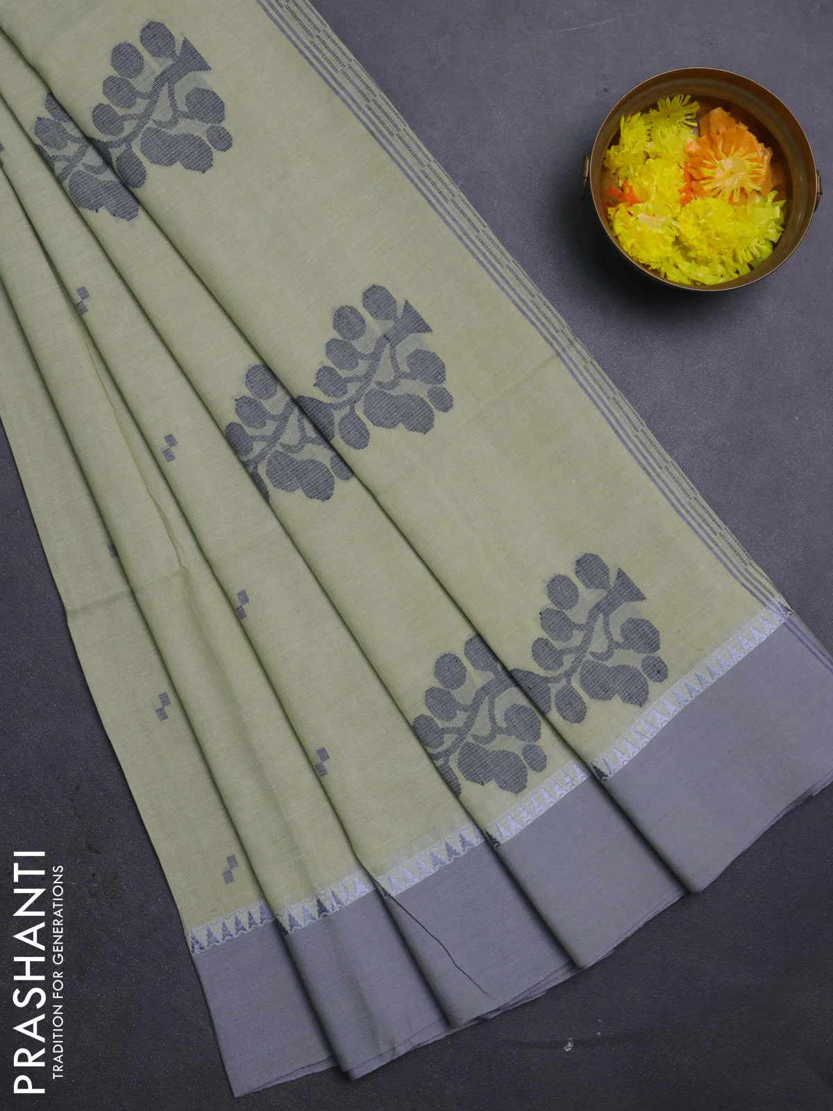 Bengal soft cotton saree pista green and grey with thread woven buttas and temple design simple border