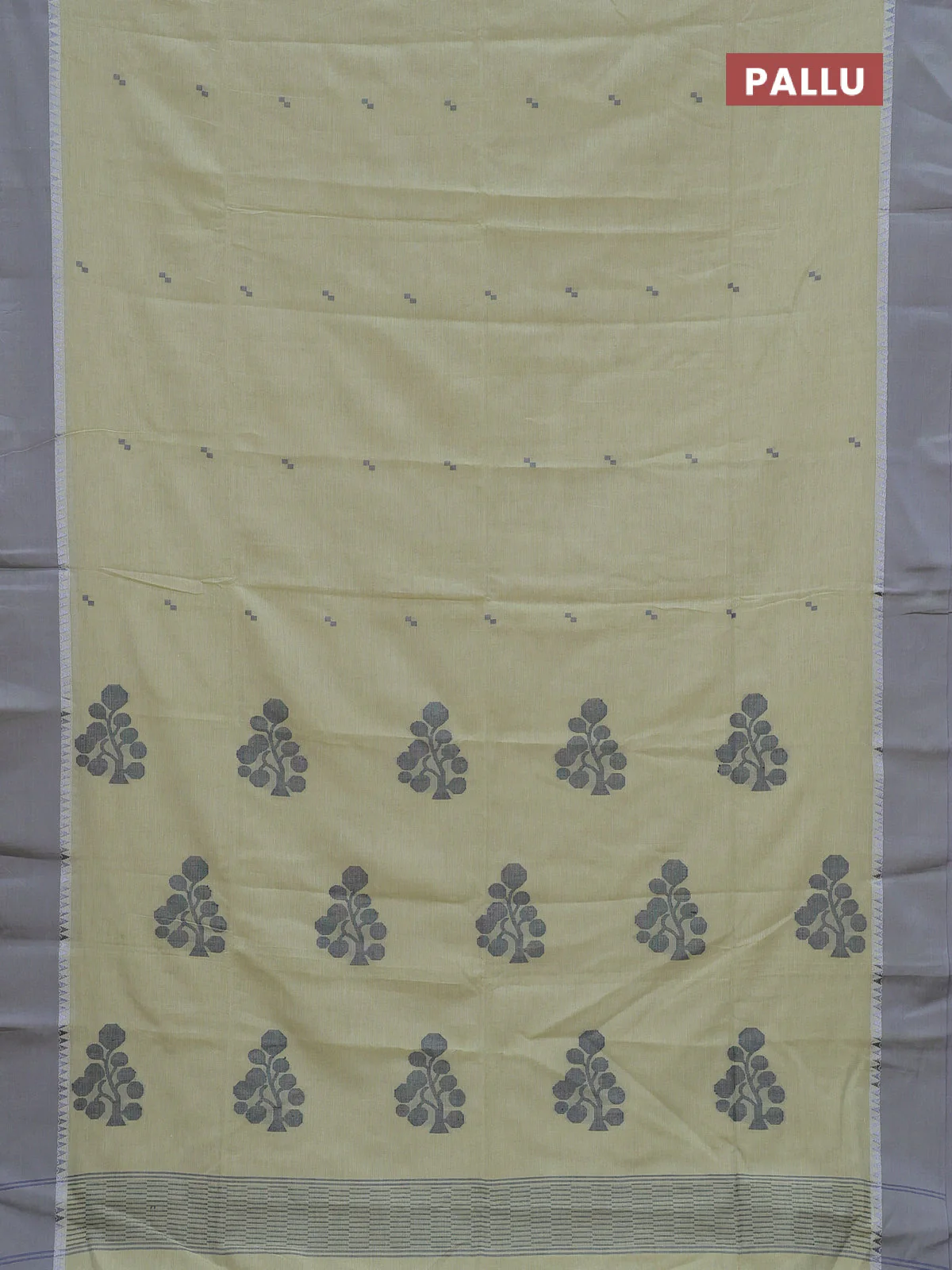Bengal soft cotton saree pista green and grey with thread woven buttas and temple design simple border - Image 3