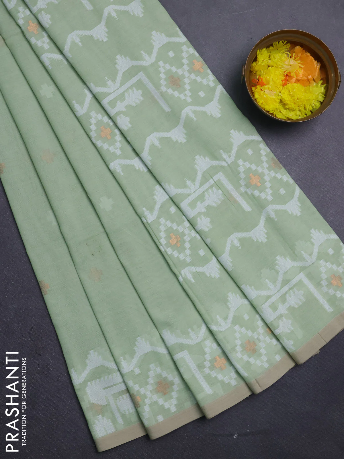 Bengal soft cotton saree pista green and sandal with thread & zari woven buttas and thread woven border