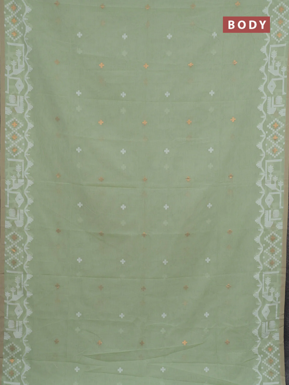 Bengal soft cotton saree pista green and sandal with thread & zari woven buttas and thread woven border - Image 2