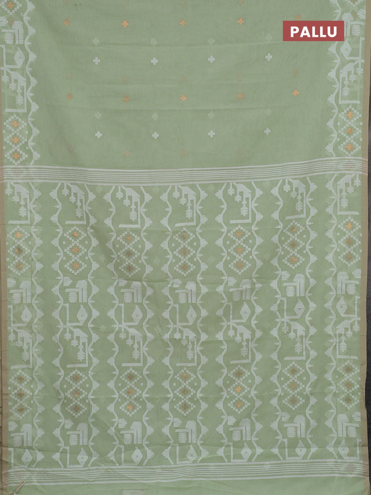 Bengal soft cotton saree pista green and sandal with thread & zari woven buttas and thread woven border - Image 3