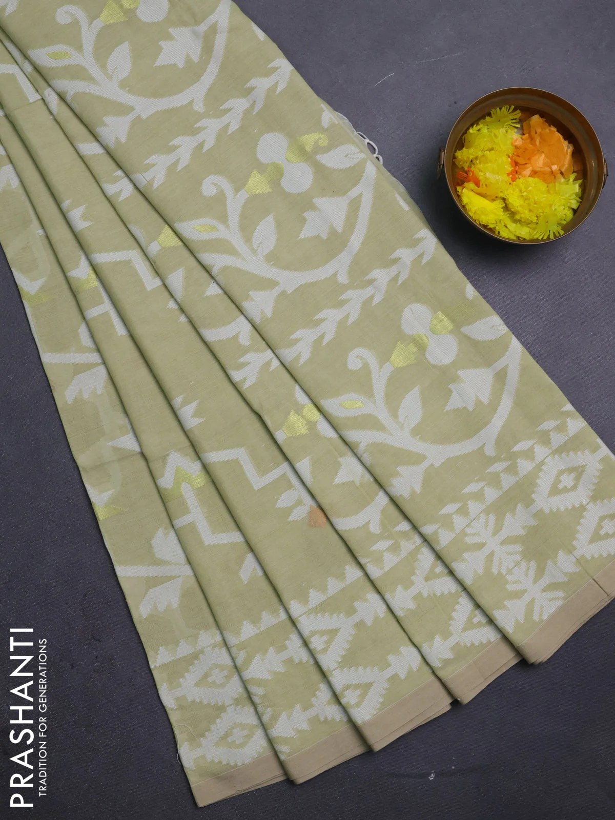 Bengal soft cotton saree pista green with allover thread weaves and thread woven border
