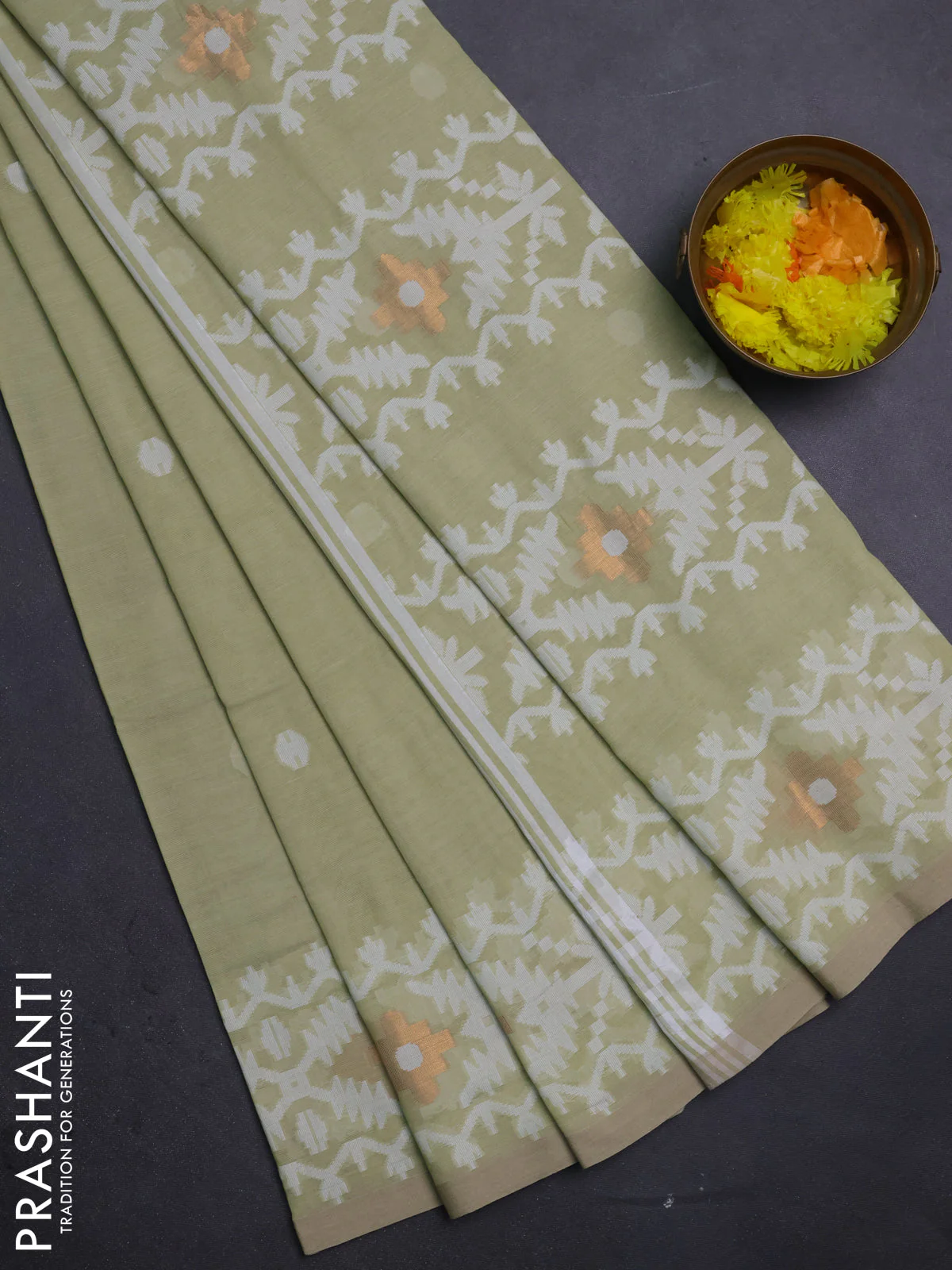 Bengal soft cotton saree pista green with thread woven buttas and thread woven border