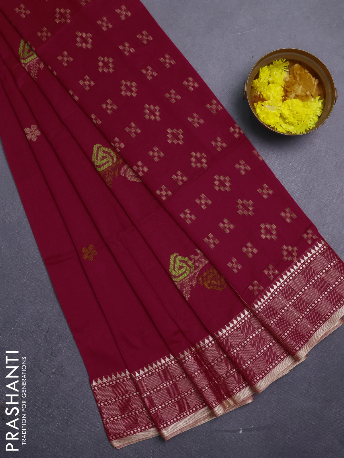 Bengal soft cotton saree reddish pink and sandal with thread woven buttas and temple design thread woven border