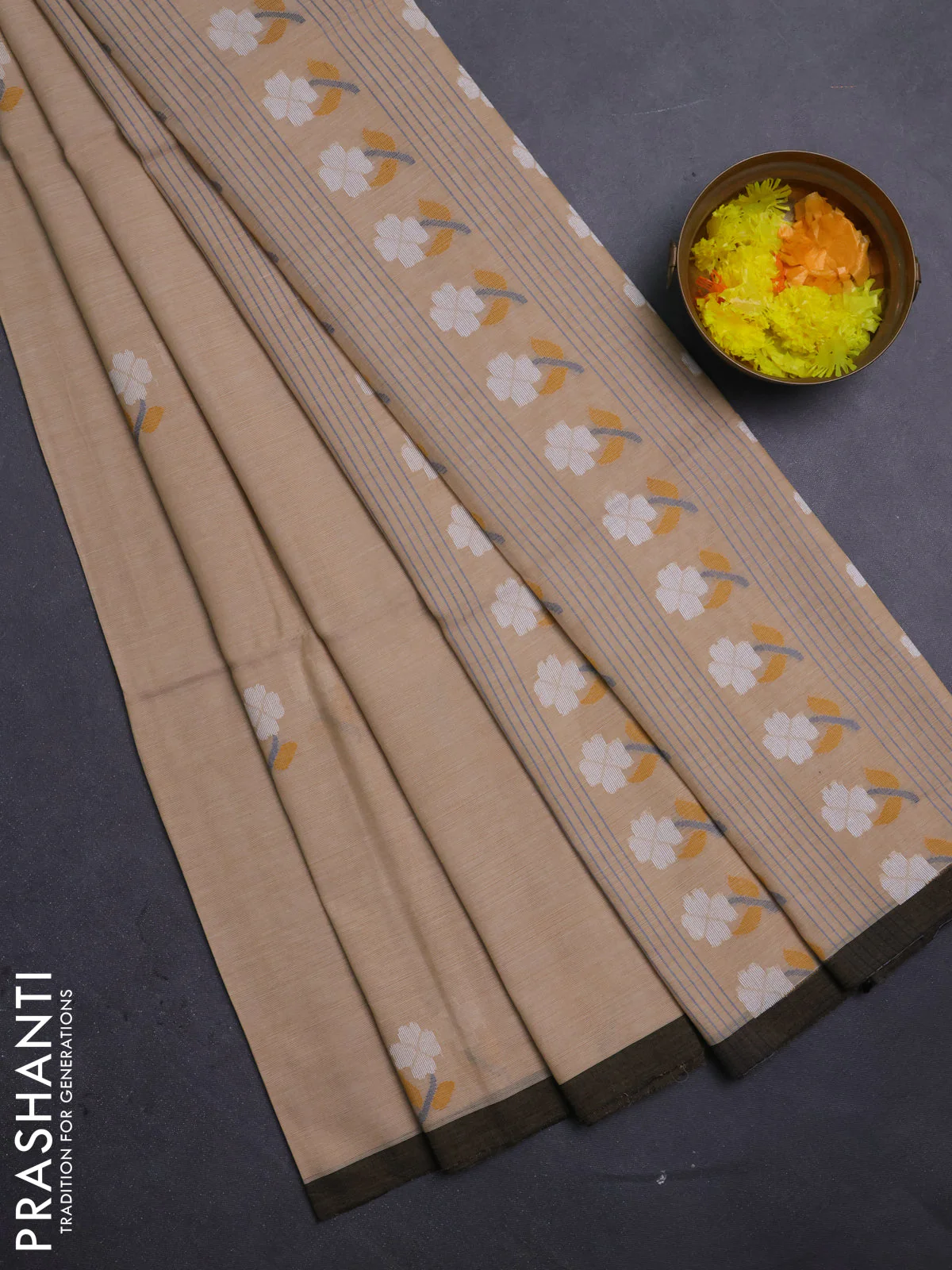 Bengal soft cotton saree sandal and black with floral thread woven buttas and piping border