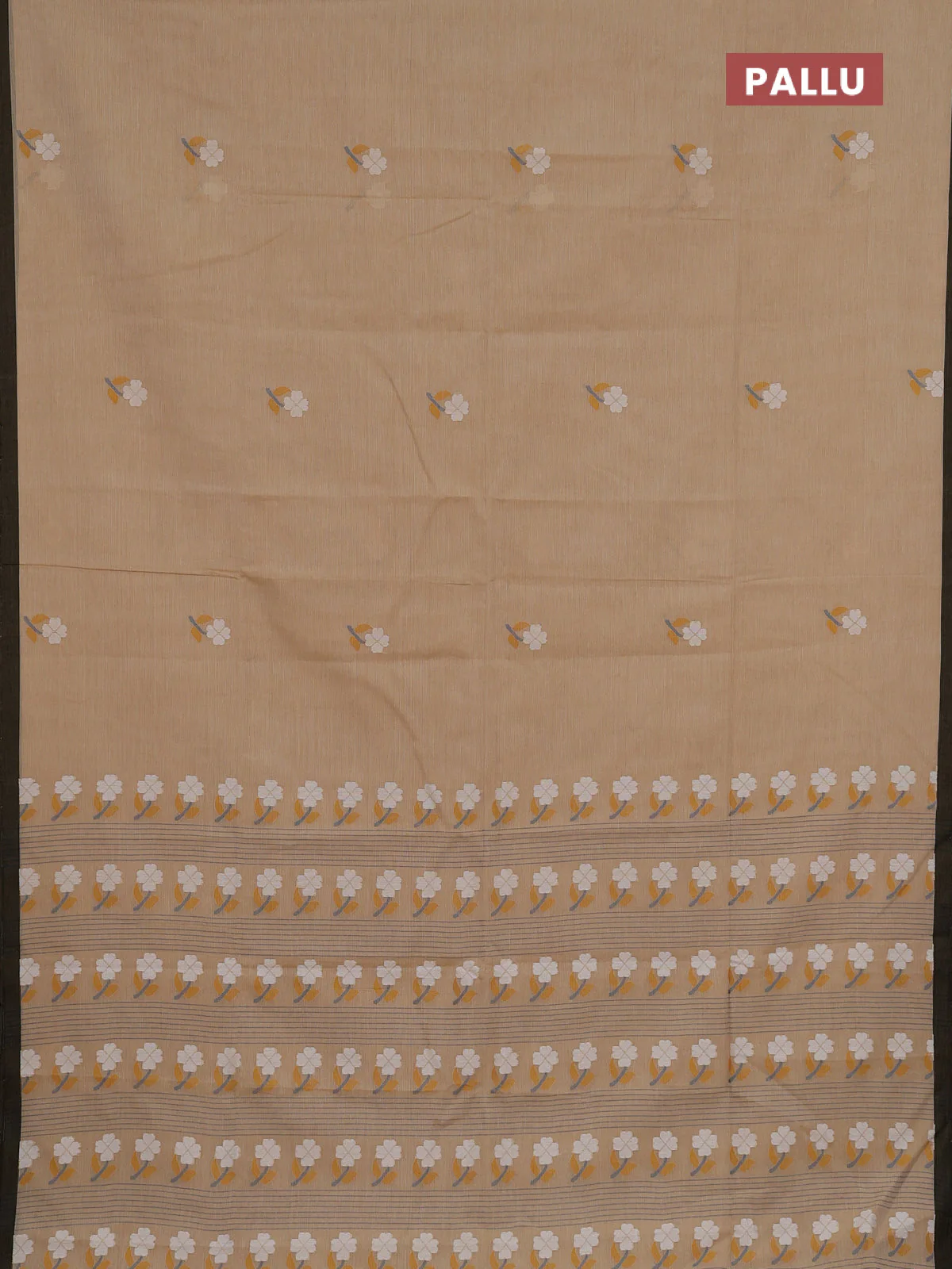 Bengal soft cotton saree sandal and black with floral thread woven buttas and piping border - Image 3