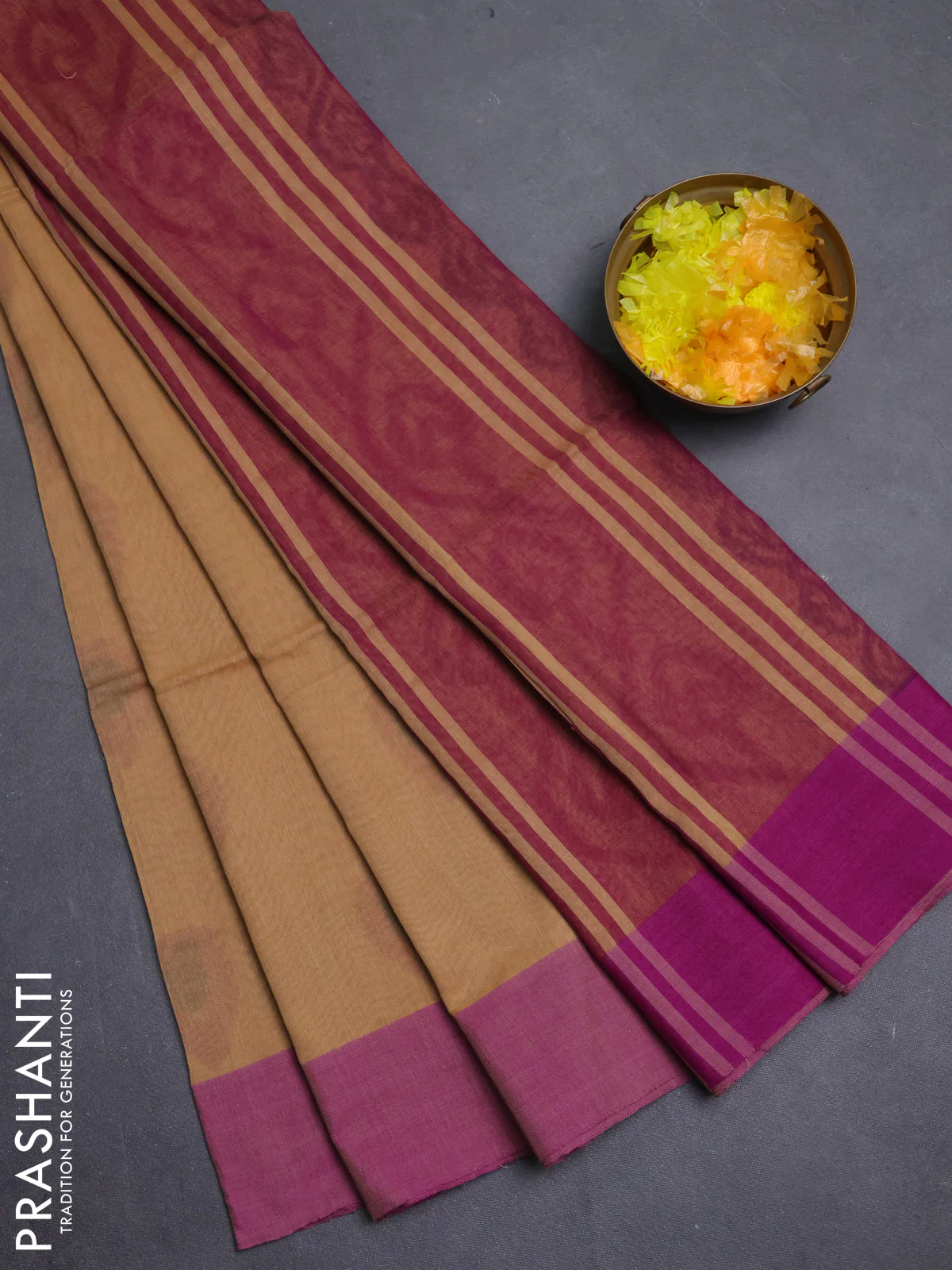 Bengal soft cotton saree sandal and purple with allover weaves and simple border