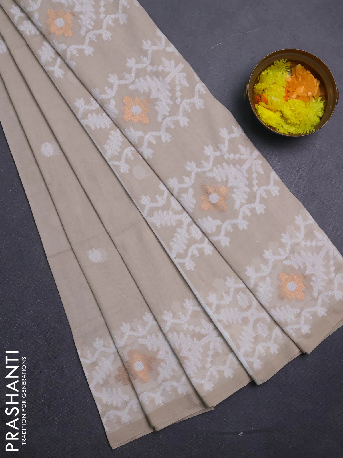 Bengal soft cotton saree sandal with thread woven buttas and thread woven border