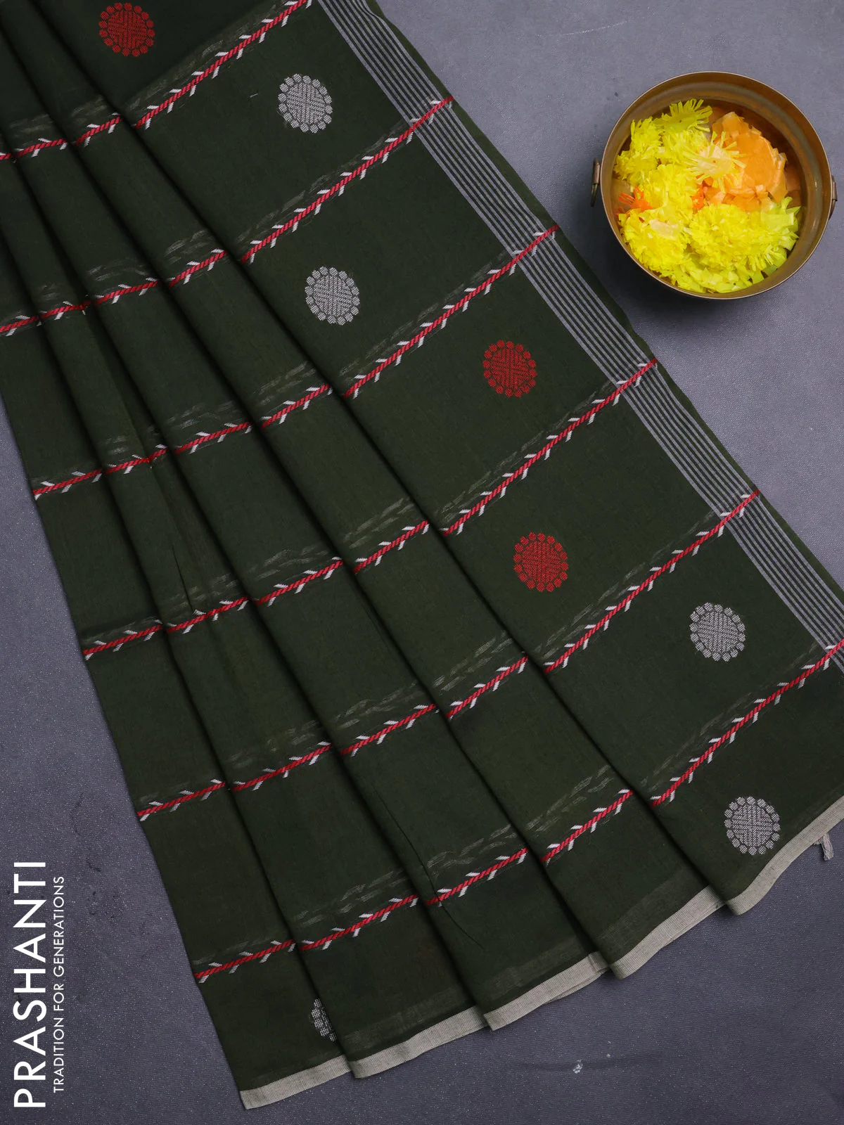 Bengal soft cotton saree sap green with allover thread weaves & buttas and piping border