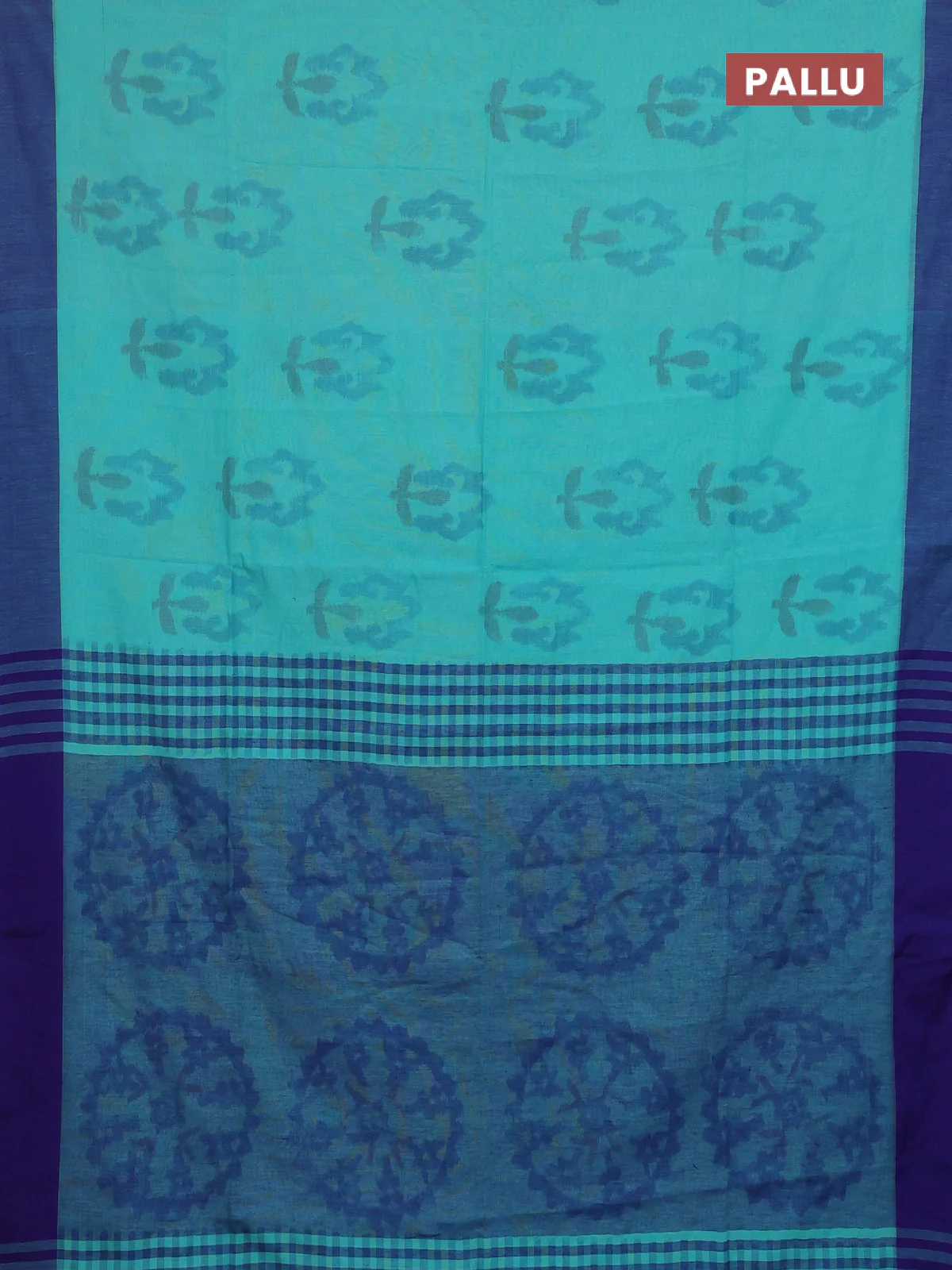 Bengal soft cotton saree teal blue and blue with allover weaves and simple border - Image 3
