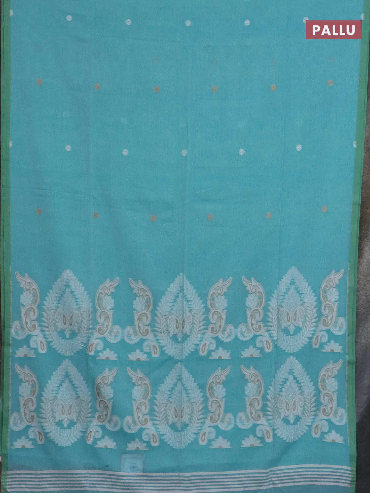 Bengal soft cotton saree teal blue and light green with thread woven buttas and piping border - Image 3