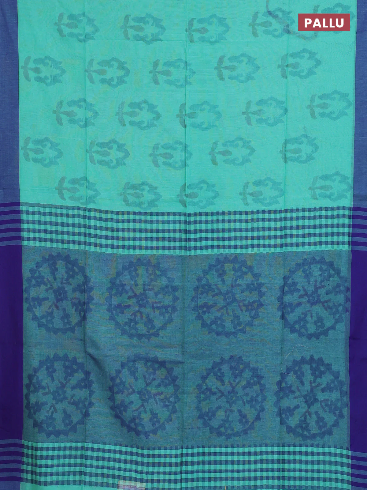 Bengal soft cotton saree teal blue and navy blue with allover butta weaves and simple border - Image 3