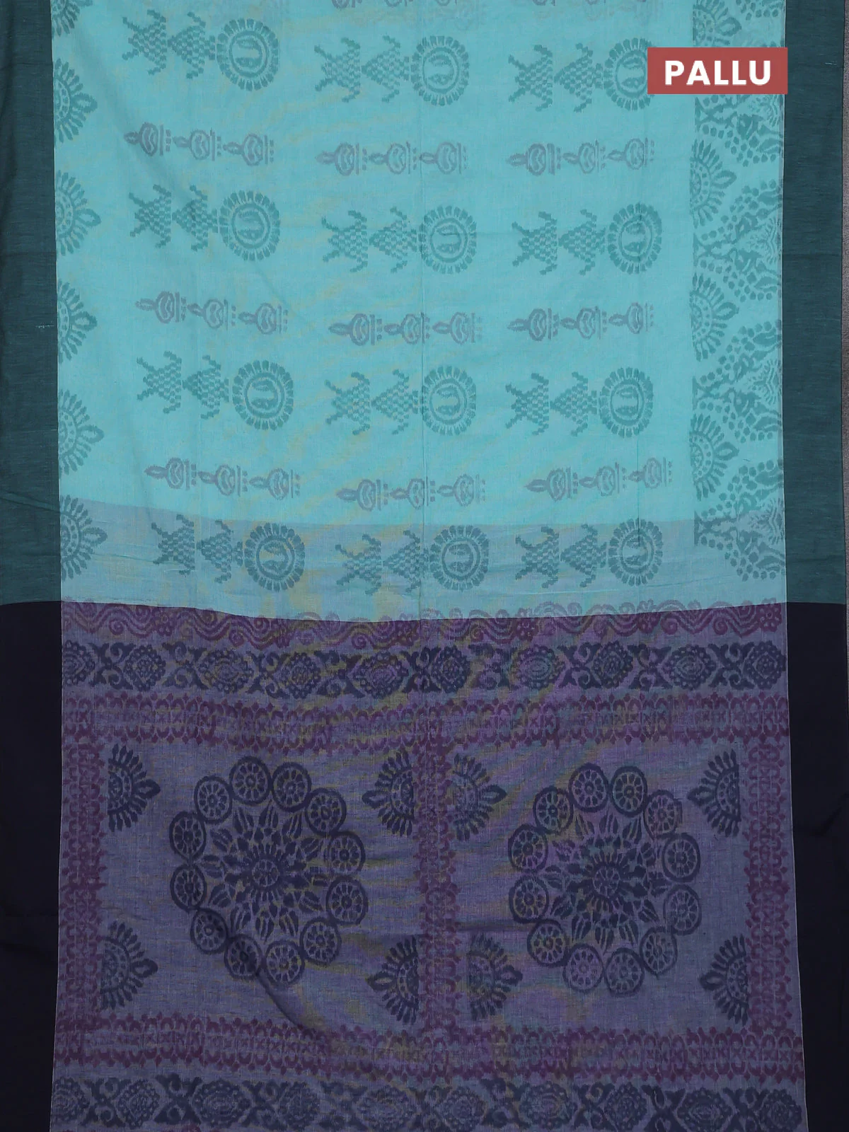 Bengal soft cotton saree teal blue and navy blue with allover weaves and simple border - Image 3