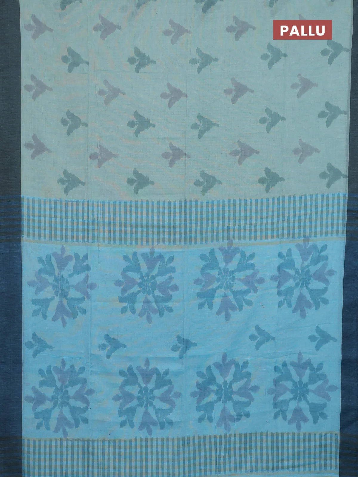 Bengal soft cotton saree teal blue and pastel green with allover weaves and simple border - Image 3