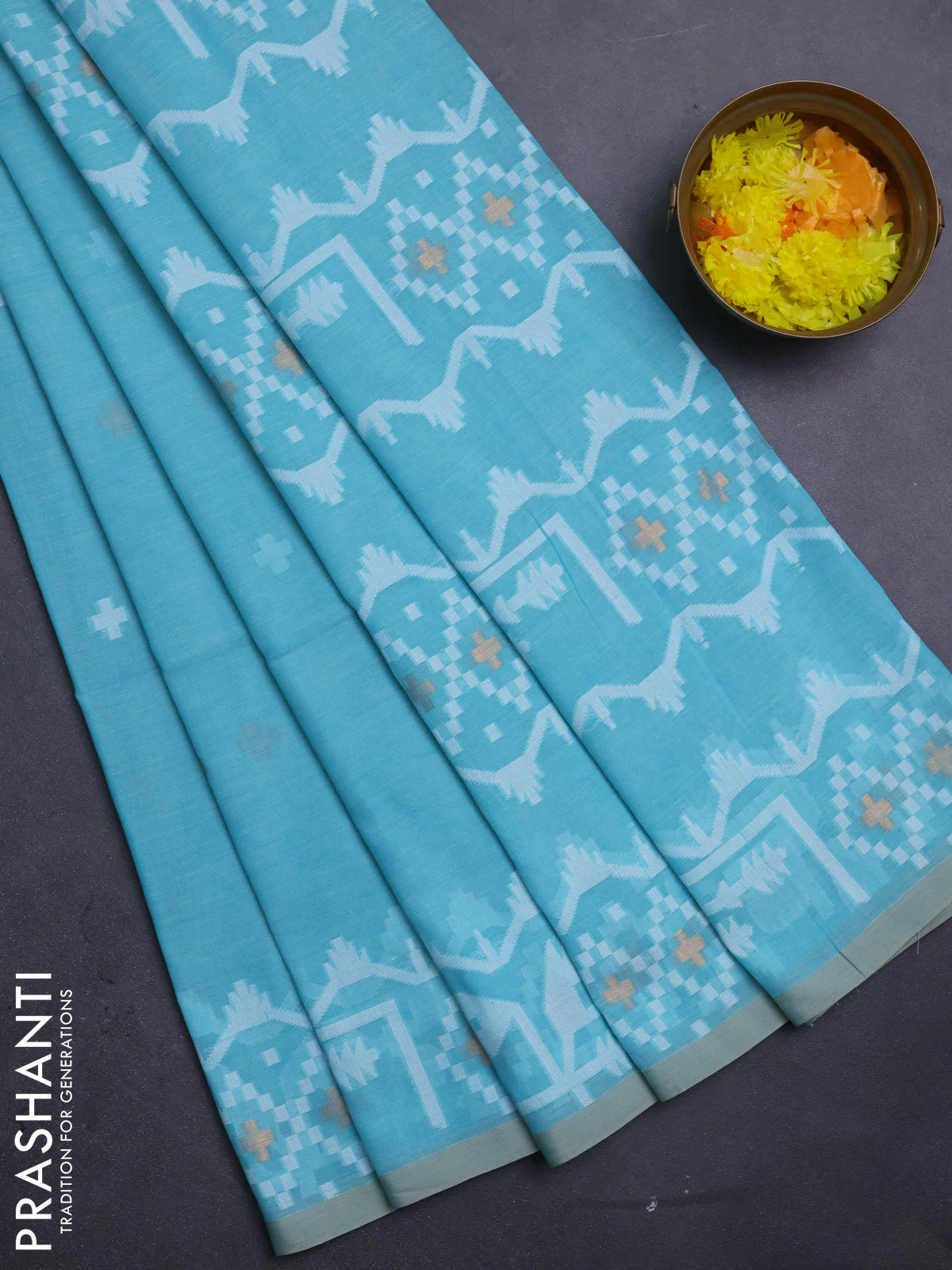 Bengal soft cotton saree teal blue and sandal with thread & zari woven buttas and thread woven border