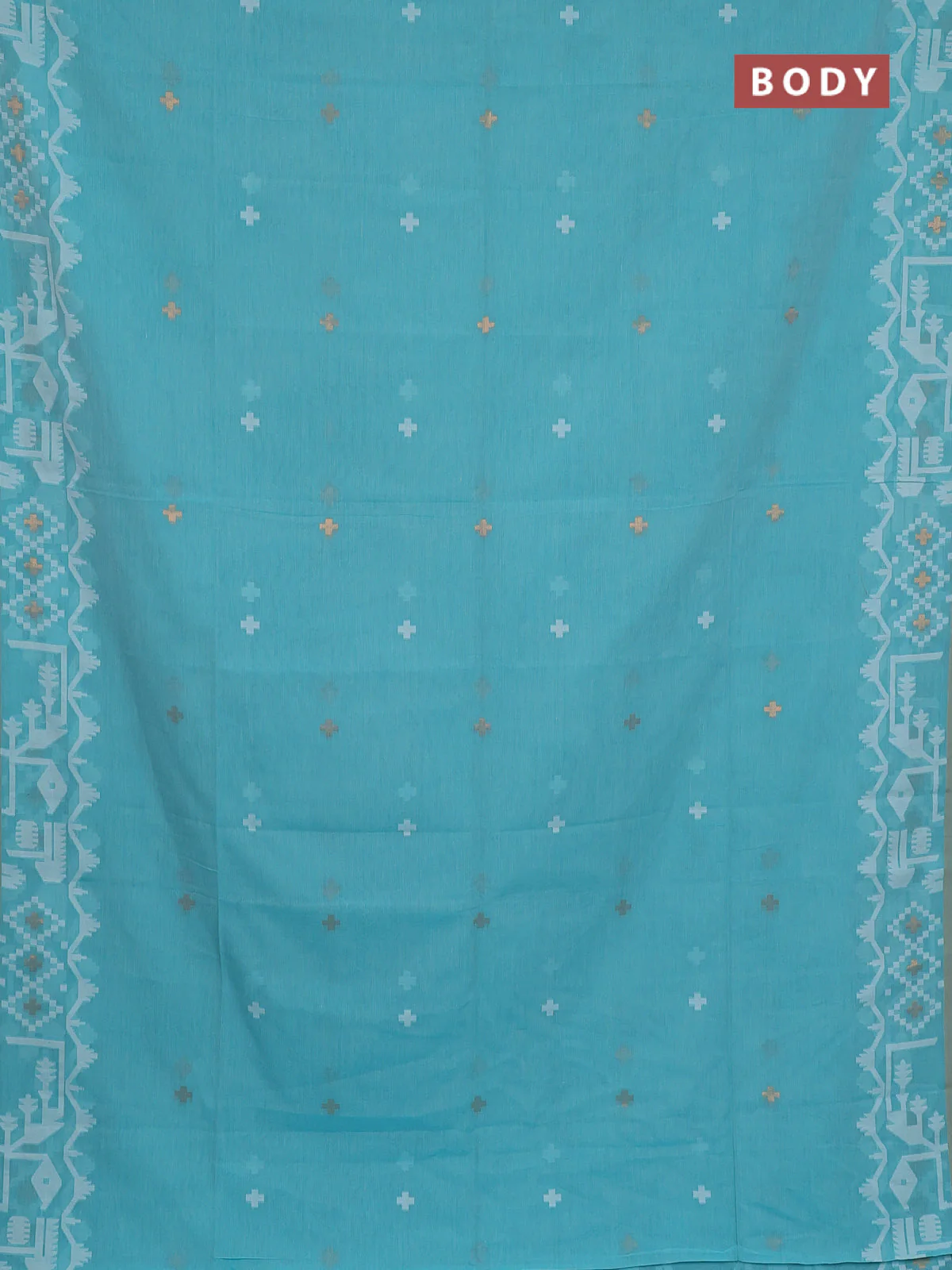 Bengal soft cotton saree teal blue and sandal with thread & zari woven buttas and thread woven border - Image 2