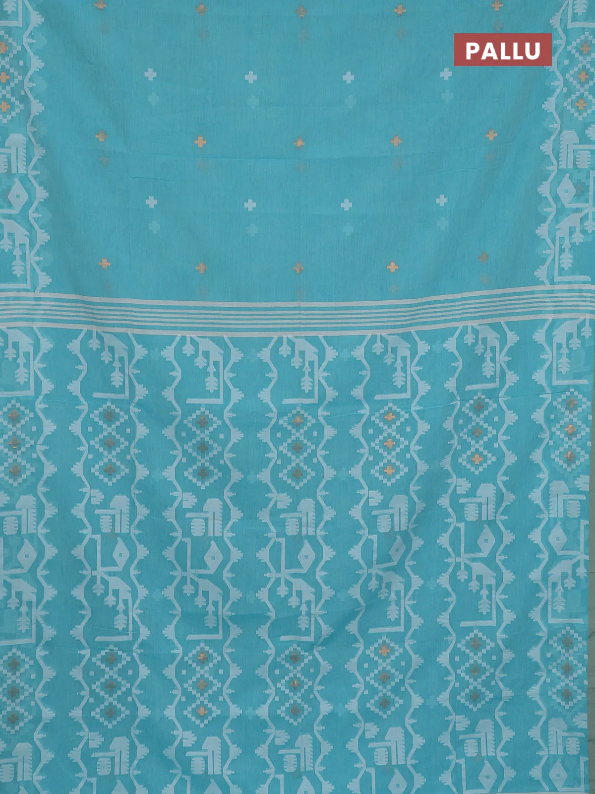 Bengal soft cotton saree teal blue and sandal with thread & zari woven buttas and thread woven border - Image 3