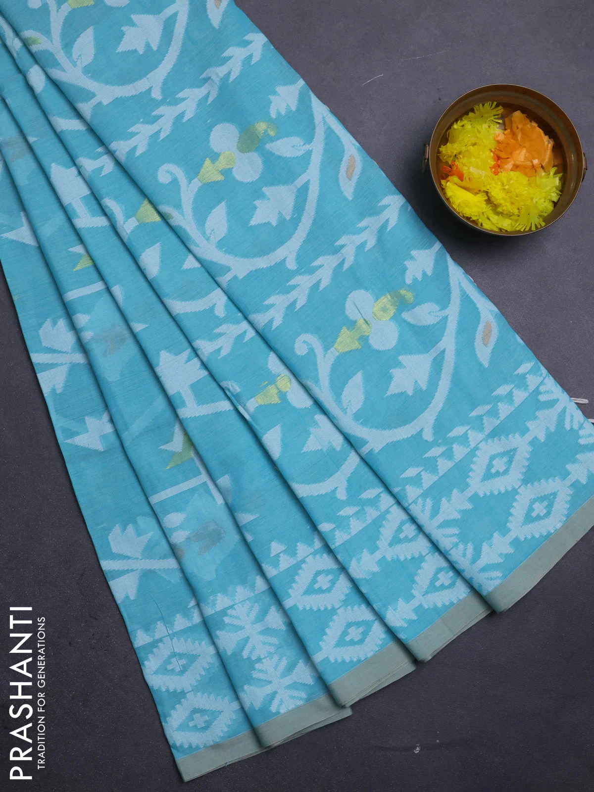 Bengal soft cotton saree teal blue with allover thread weaves and thread woven border