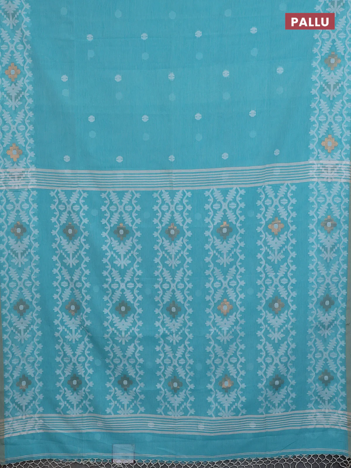 Bengal soft cotton saree teal blue with thread woven buttas and thread woven border - Image 3