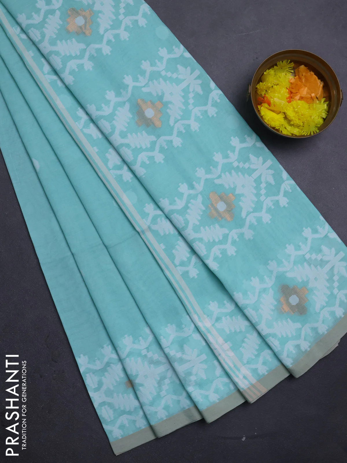 Bengal soft cotton saree teal green and beige with thread woven buttas and thread woven border