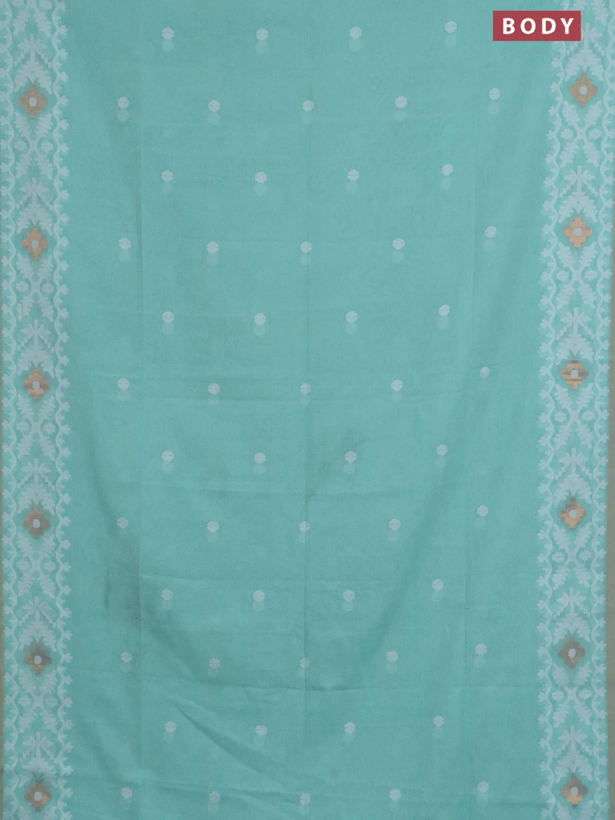 Bengal soft cotton saree teal green and beige with thread woven buttas and thread woven border - Image 2