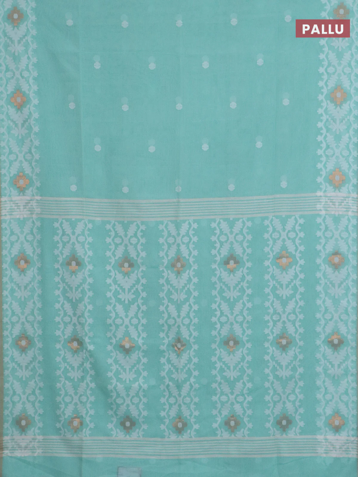 Bengal soft cotton saree teal green and beige with thread woven buttas and thread woven border - Image 3