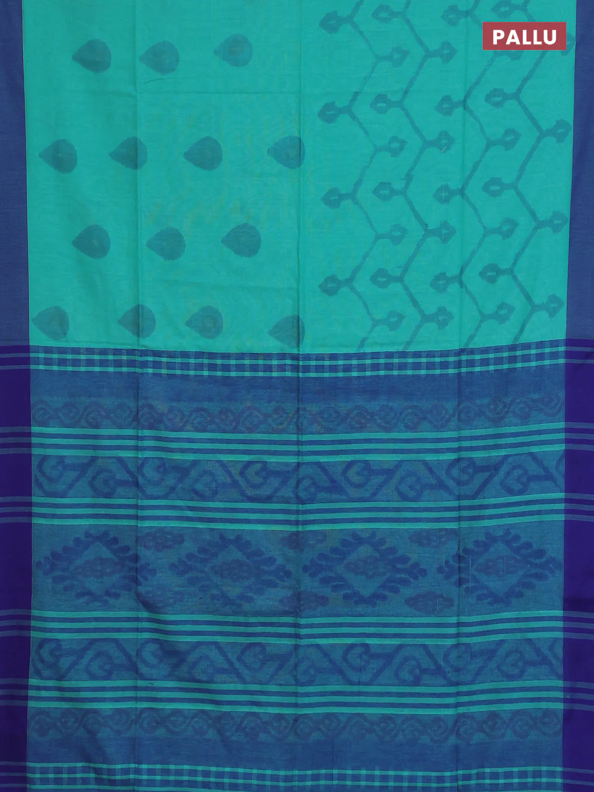 Bengal soft cotton saree teal green and blue with allover butta weaves and simple border - Image 3