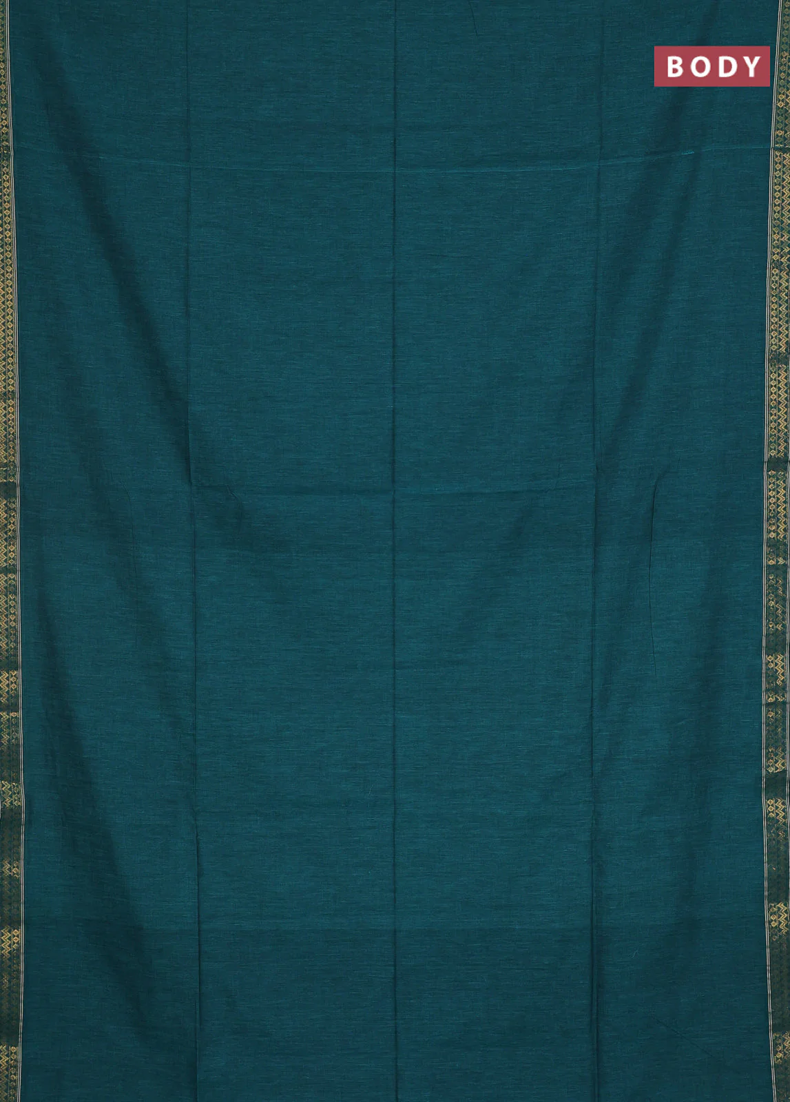 Bengal soft cotton saree teal green and deep maroon with plain body and zari woven border - Image 2