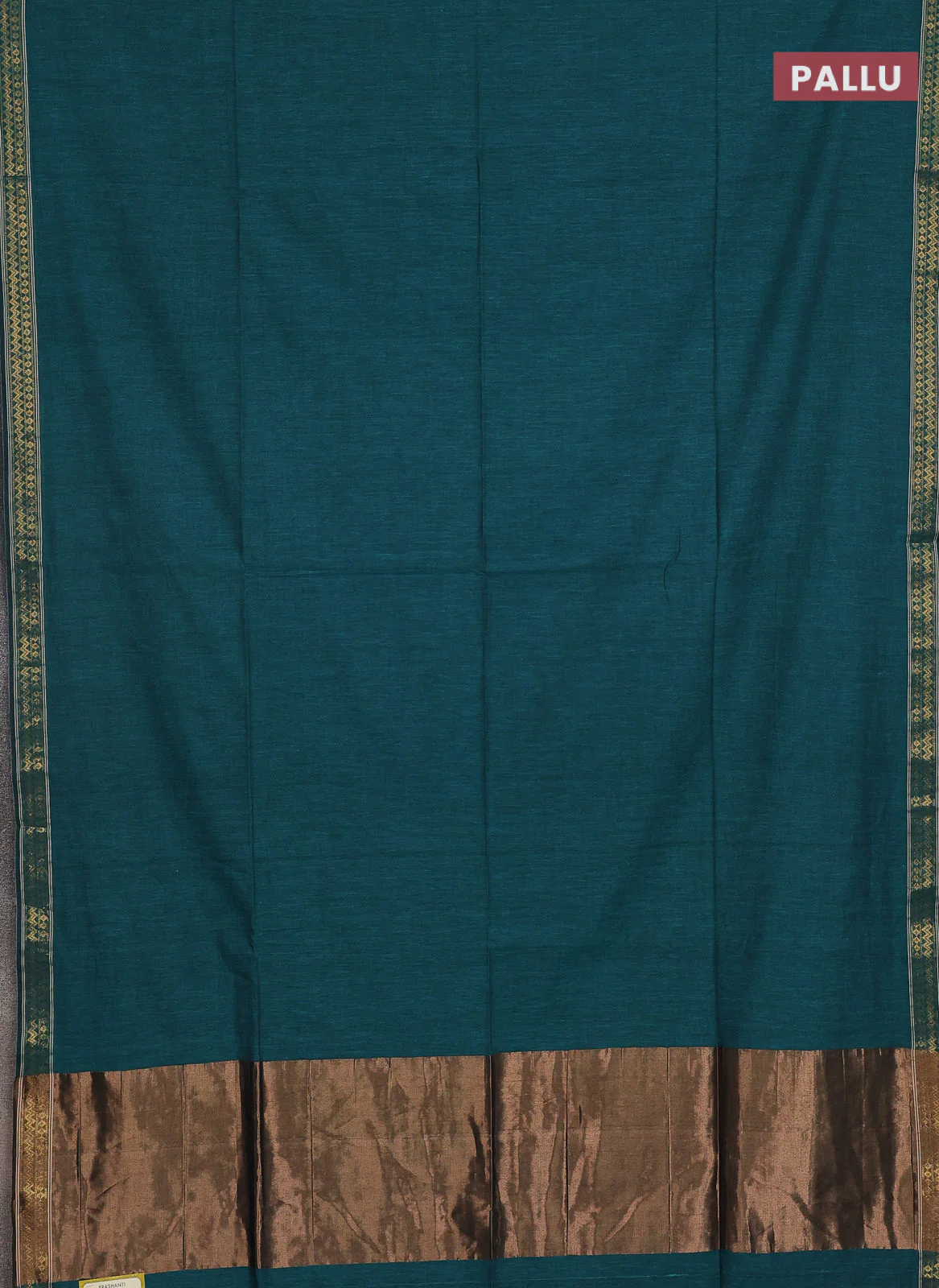 Bengal soft cotton saree teal green and deep maroon with plain body and zari woven border - Image 3