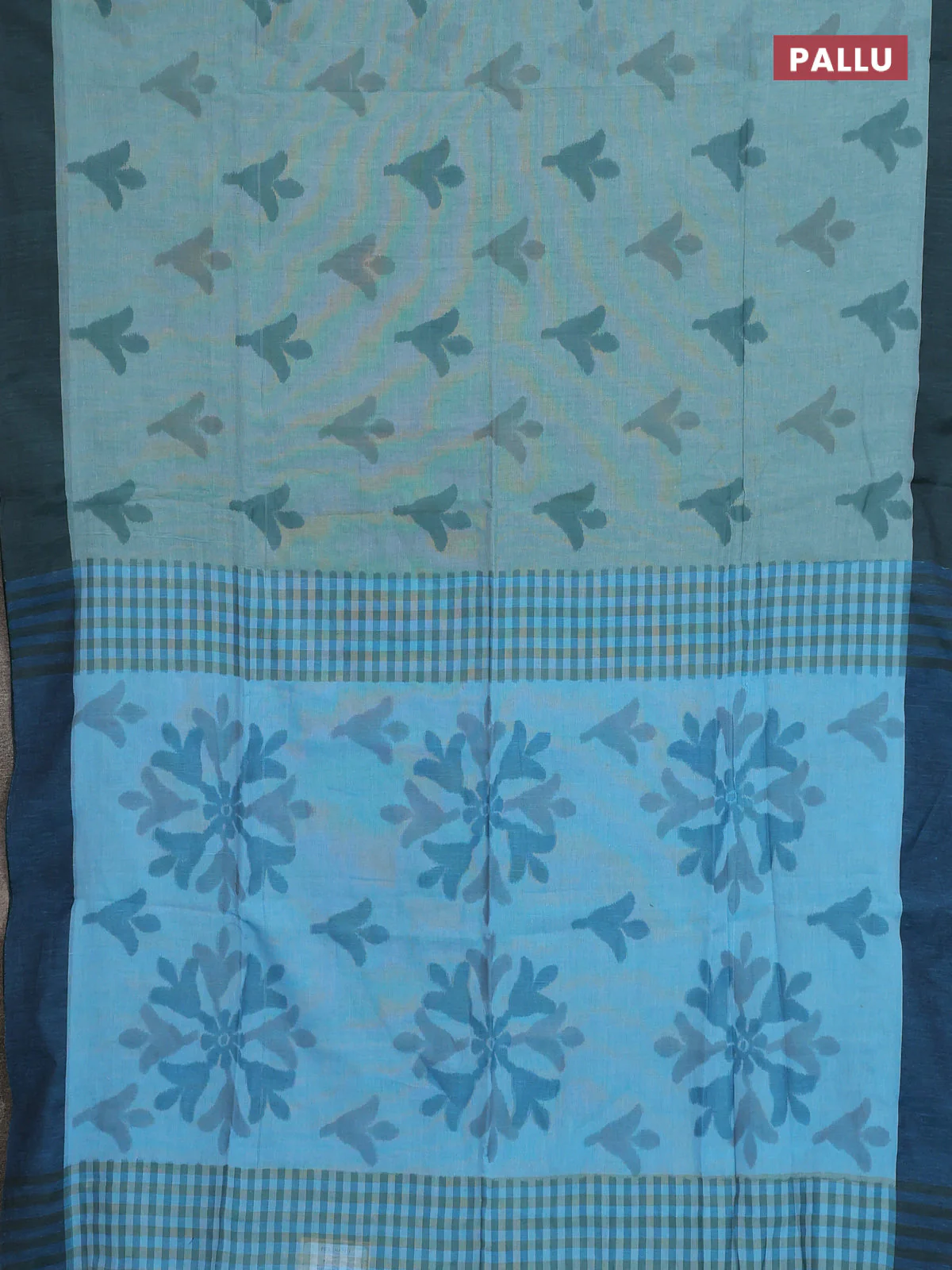 Bengal soft cotton saree teal green and light blue with allover butta weaves and simple border - Image 3