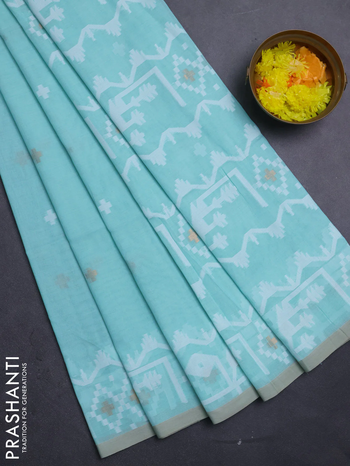 Bengal soft cotton saree teal green and sandal with thread & zari woven buttas and thread woven border