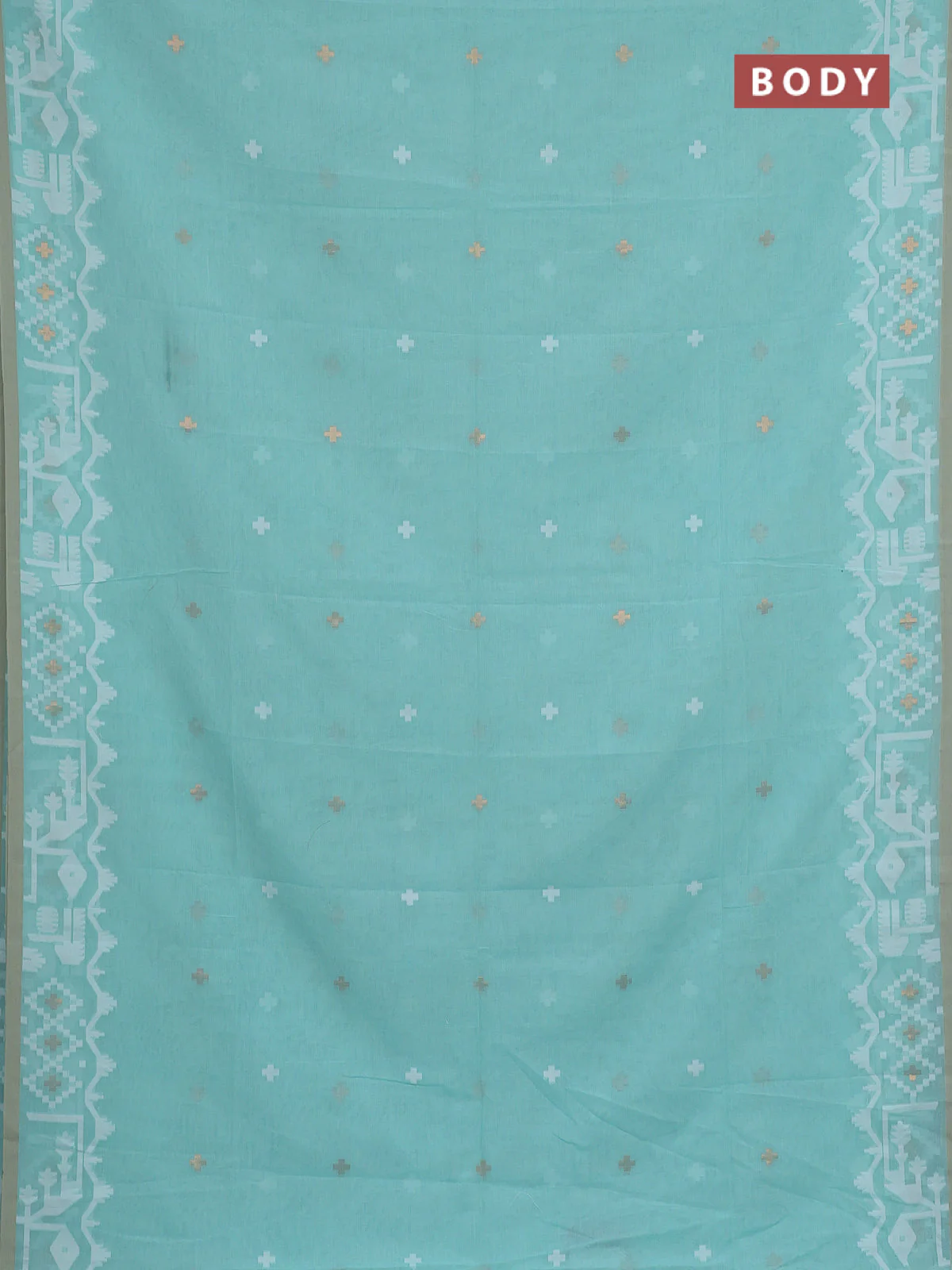 Bengal soft cotton saree teal green and sandal with thread & zari woven buttas and thread woven border - Image 2