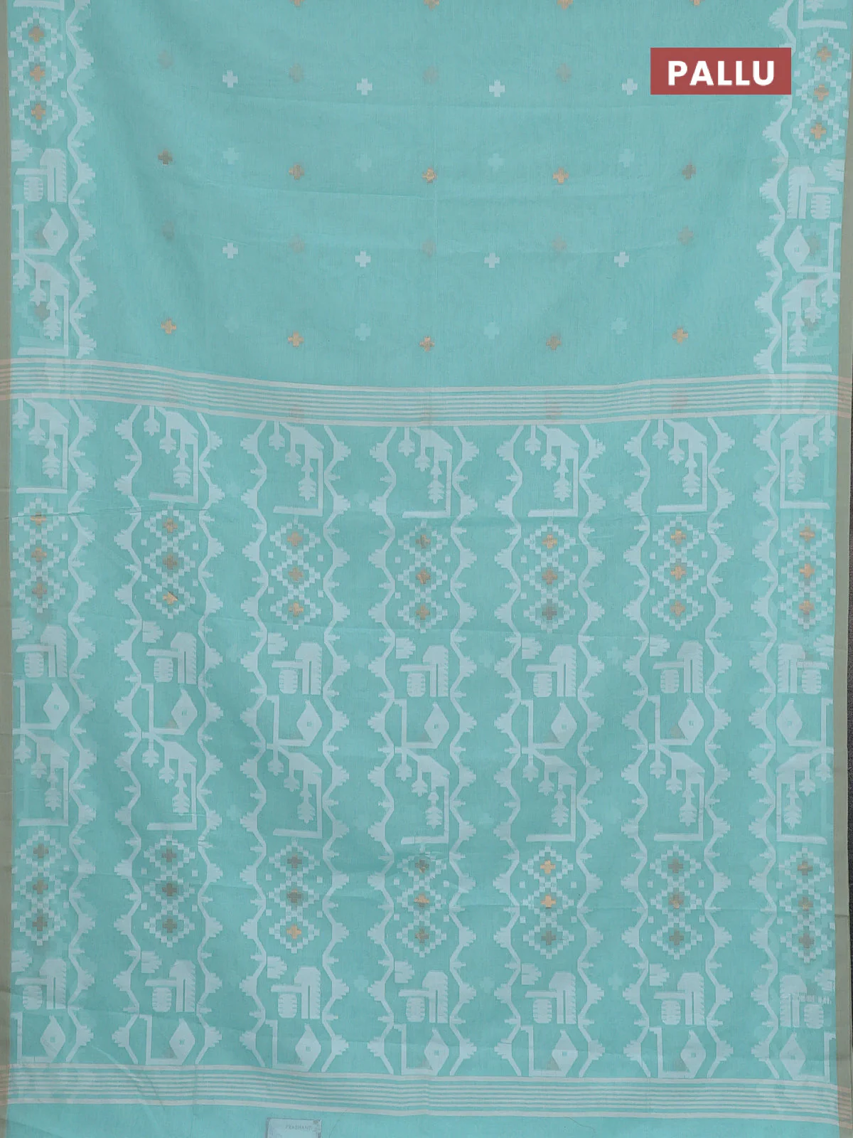 Bengal soft cotton saree teal green and sandal with thread & zari woven buttas and thread woven border - Image 3