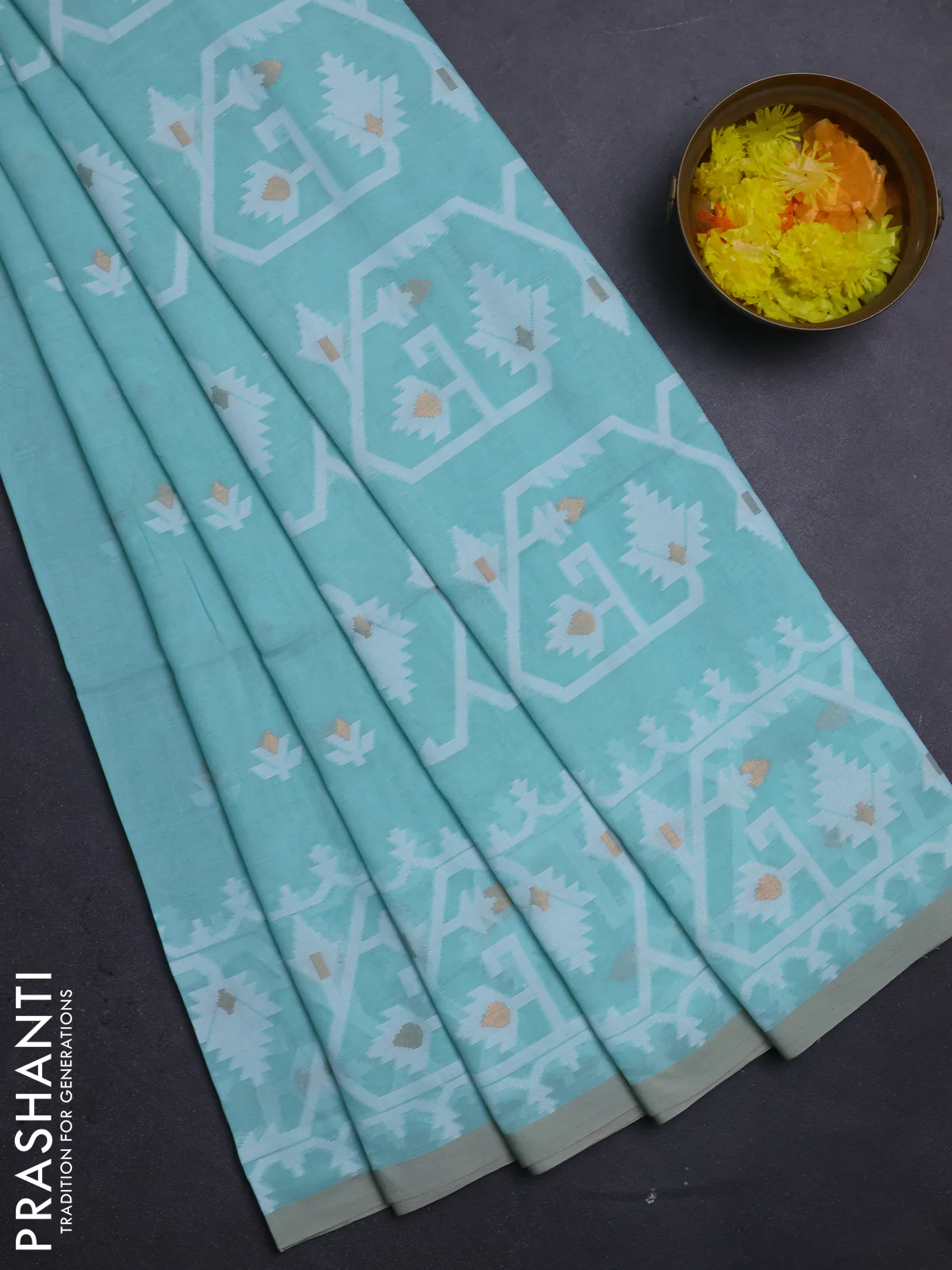 Bengal soft cotton saree teal green and sandal with thread & zari woven buttas and thread woven border