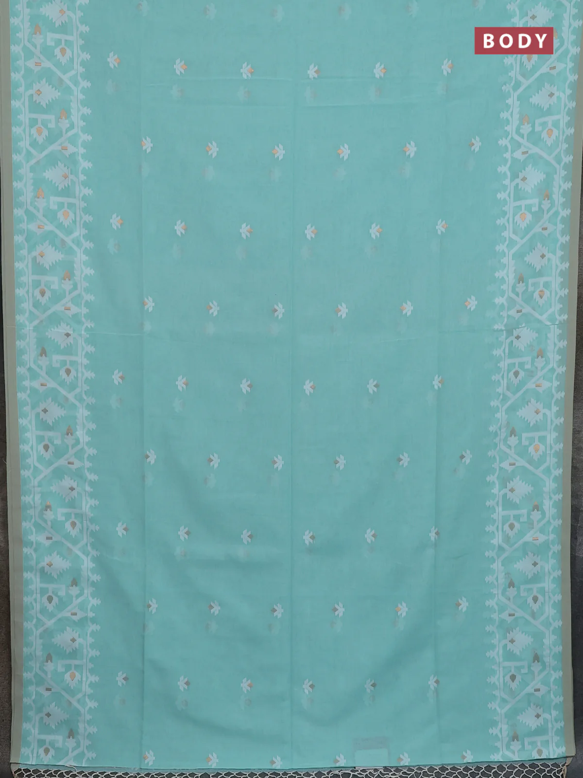 Bengal soft cotton saree teal green and sandal with thread & zari woven buttas and thread woven border - Image 2