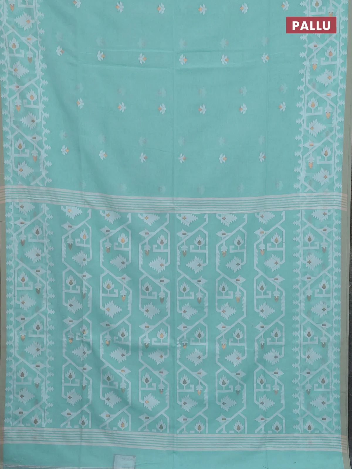 Bengal soft cotton saree teal green and sandal with thread & zari woven buttas and thread woven border - Image 3