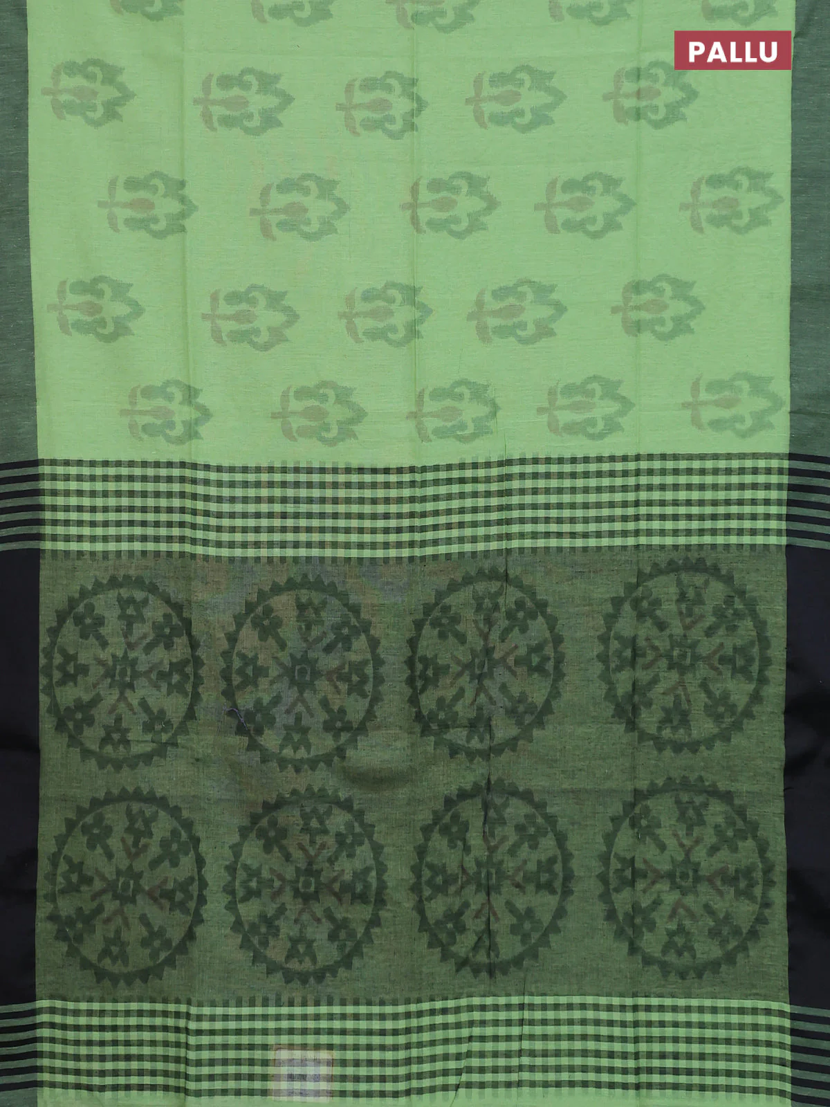 Bengal soft cotton saree teal green shade and black with allover butta weaves and simple border - Image 3