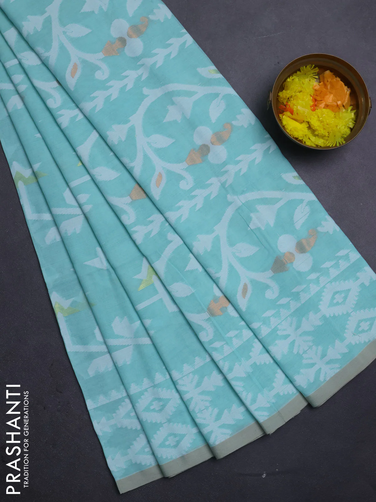 Bengal soft cotton saree teal green with allover thread weaves and thread woven border