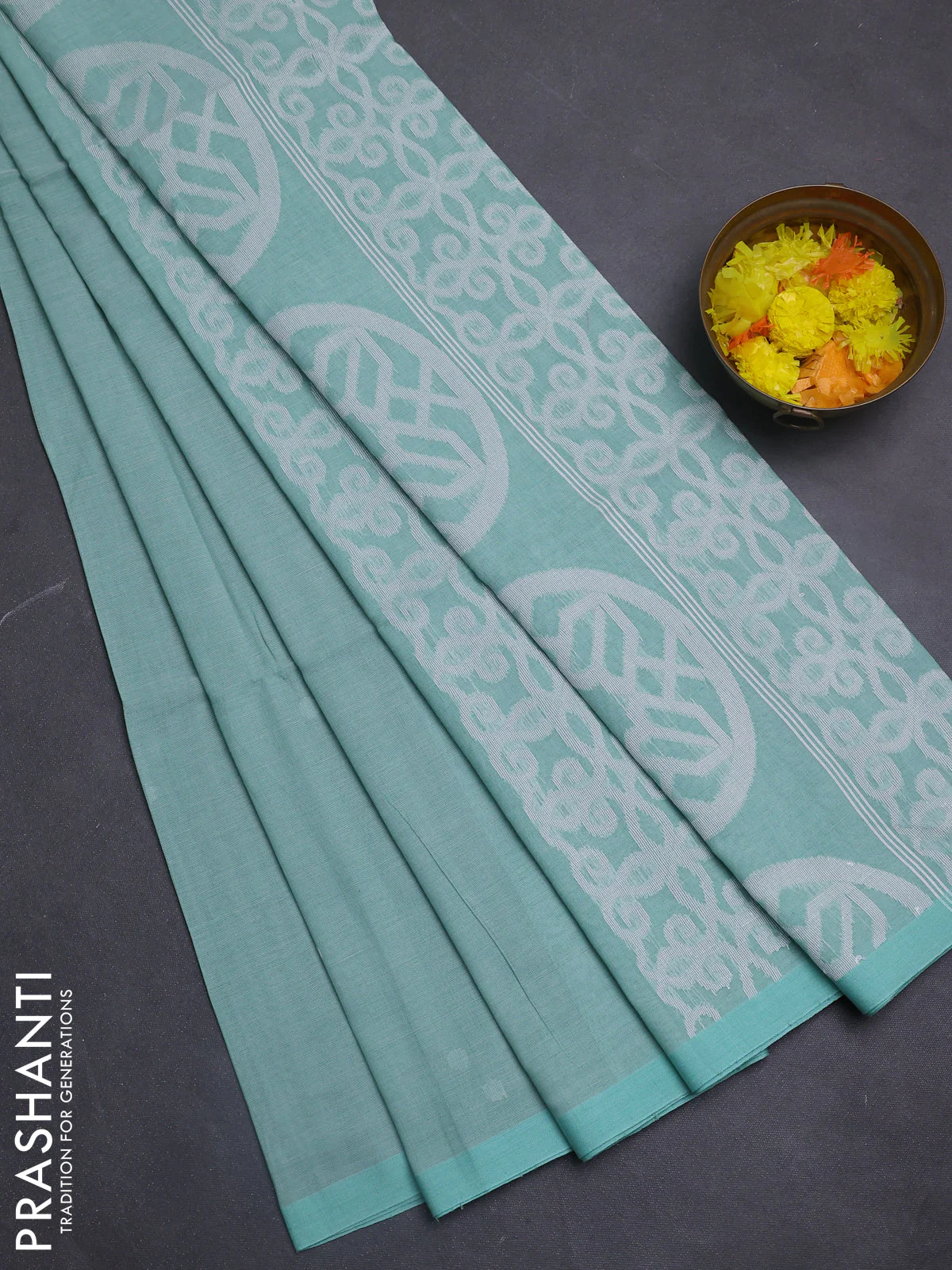 Bengal soft cotton saree teal green with thread woven buttas and piping border