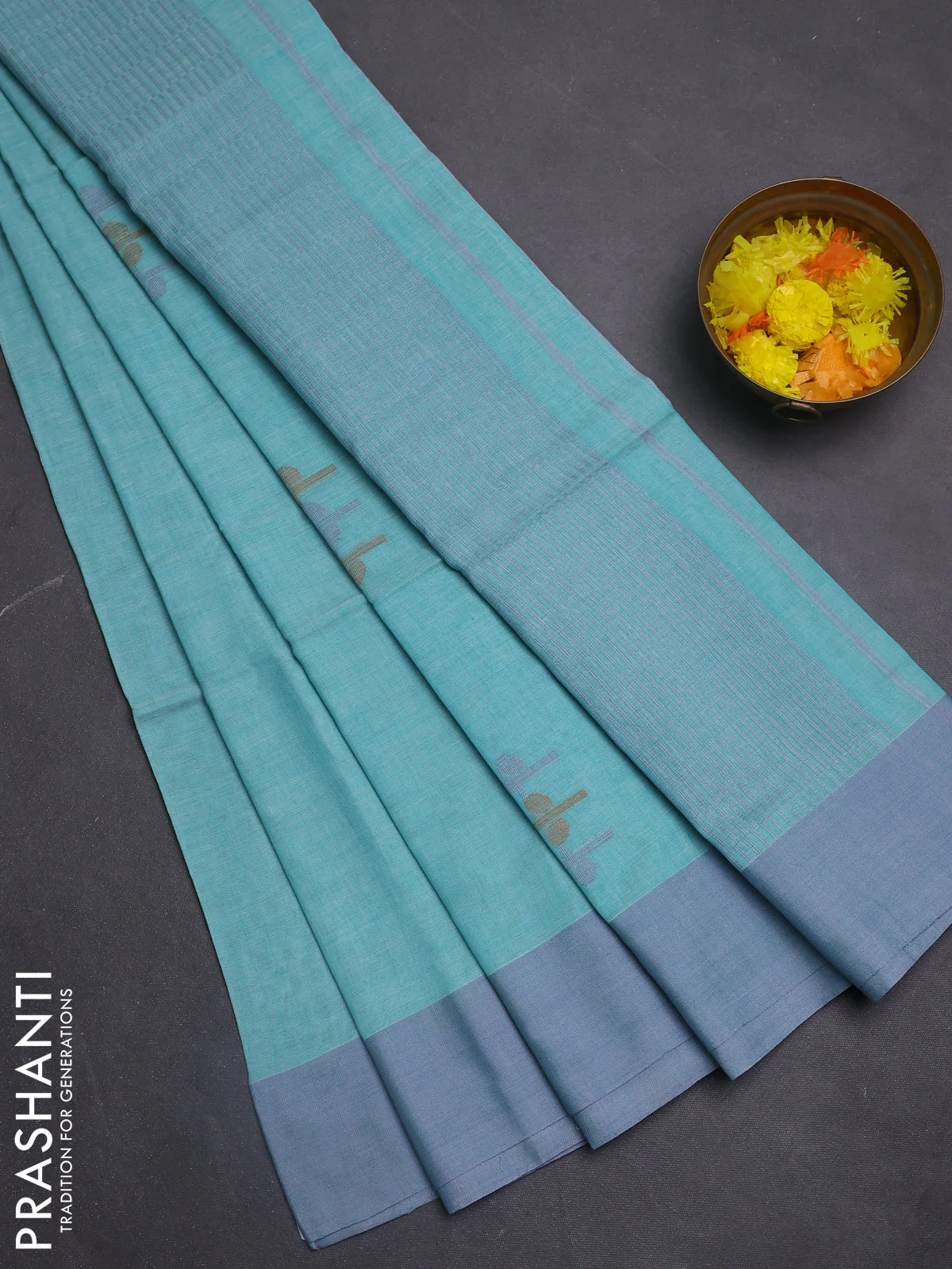 Bengal soft cotton saree teal green with thread woven buttas and simple border