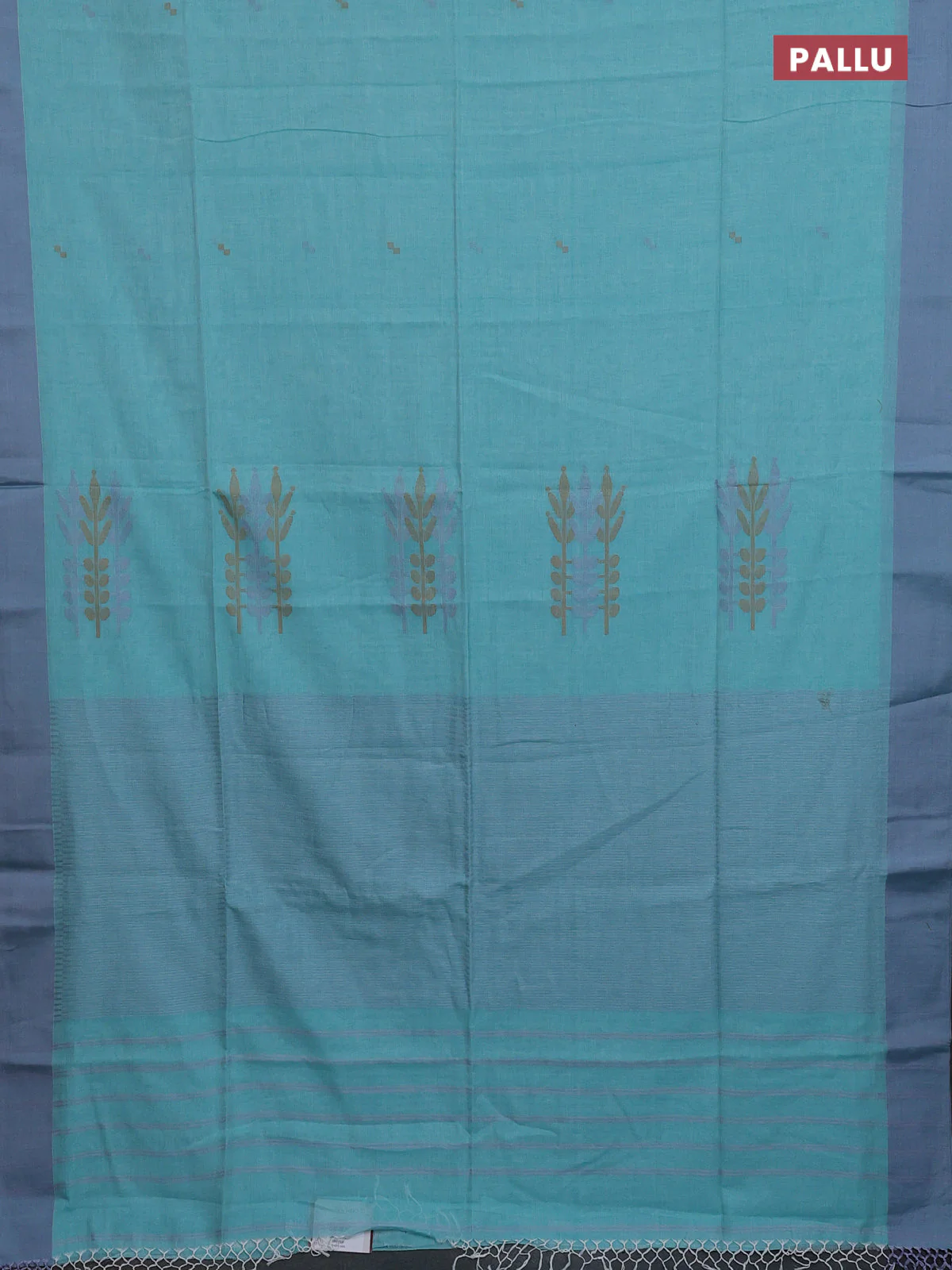 Bengal soft cotton saree teal green with thread woven buttas and simple border - Image 3