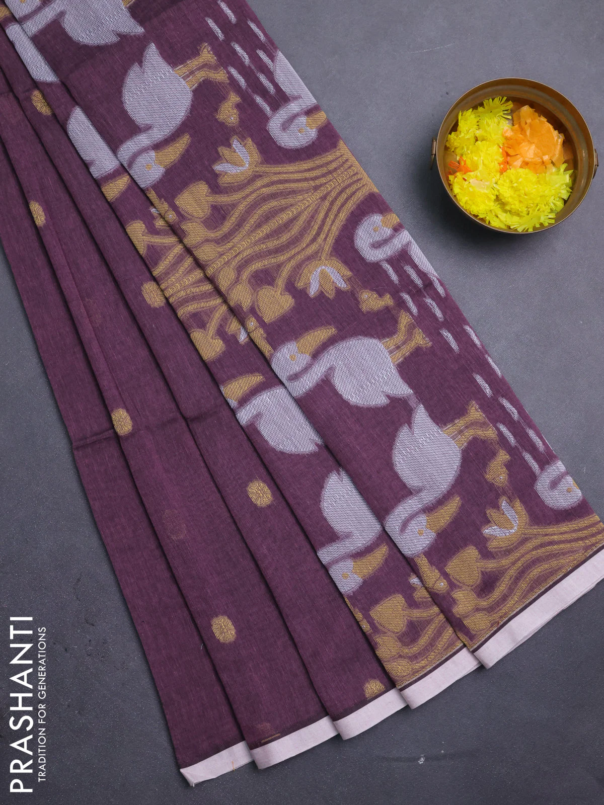 Bengal soft cotton saree wine shade and off white with thread woven buttas and piping border