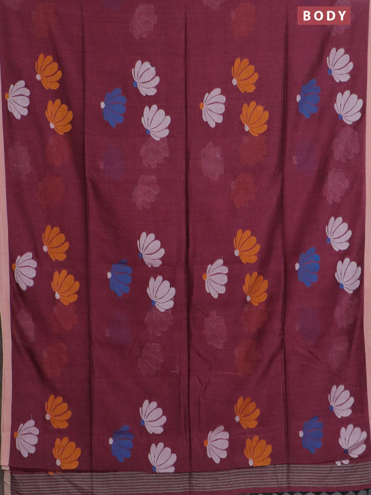 Bengal soft cotton saree wine shade with thread woven buttas and piping border - Image 2
