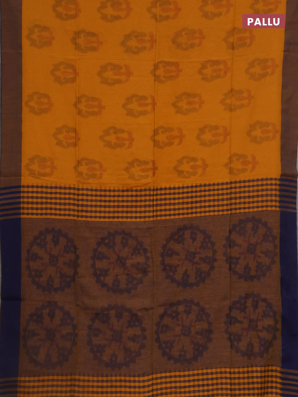 Bengal soft cotton saree yellow and navy blue with allover weaves and simple border - Image 3