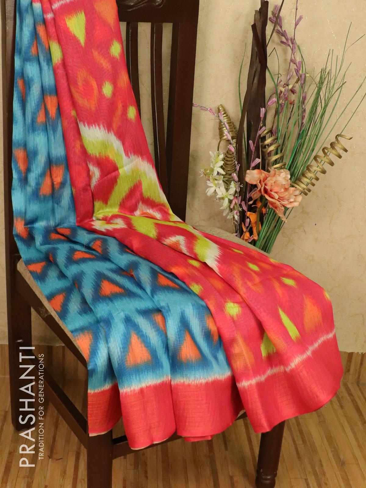 Bhagalpuri saree blue and pink with allover ikat prints and simple zari border - TFR5876 - Image 2