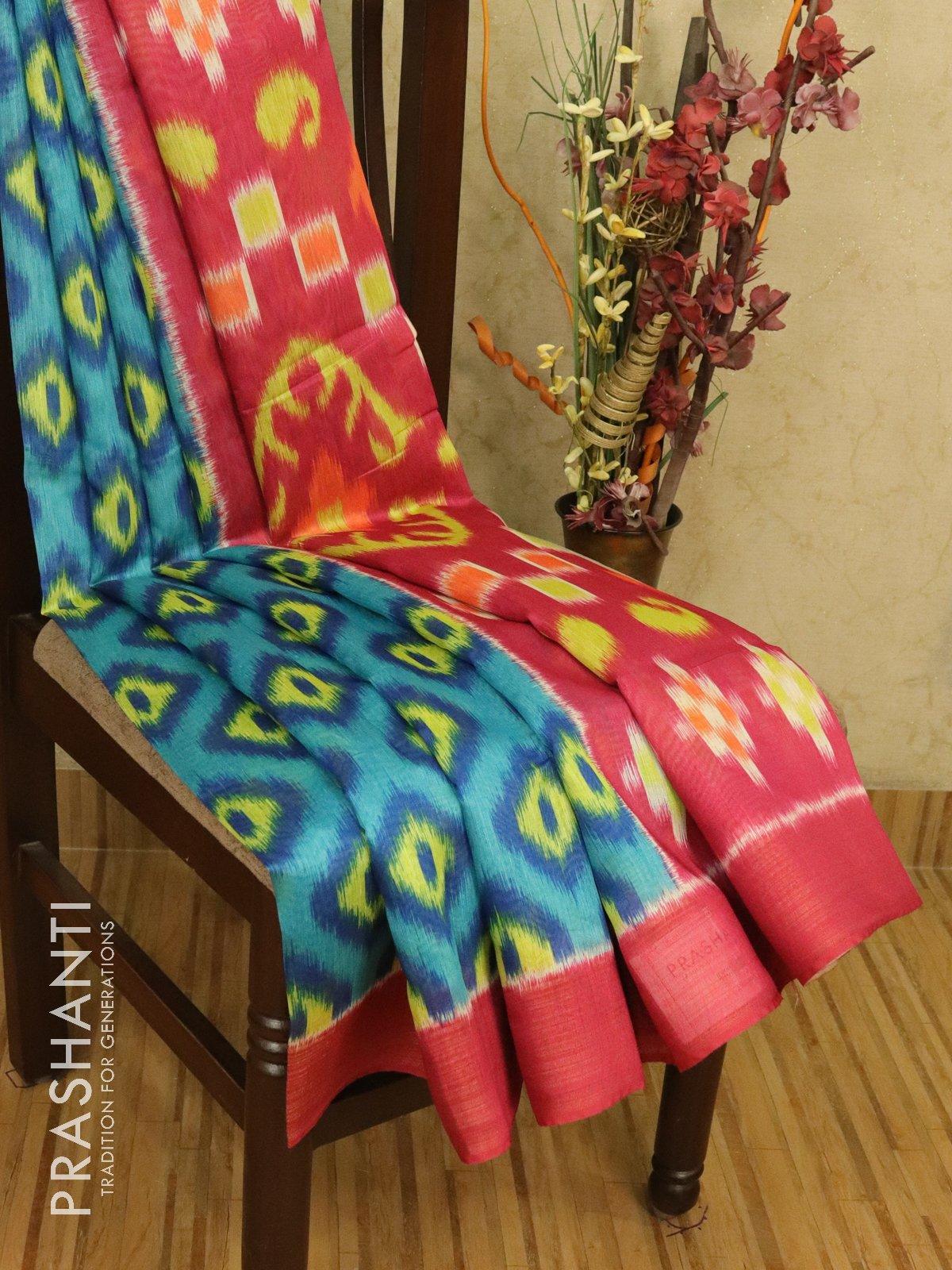 Bhagalpuri saree blue and pink with allover ikat prints and simple zari border - Image 2