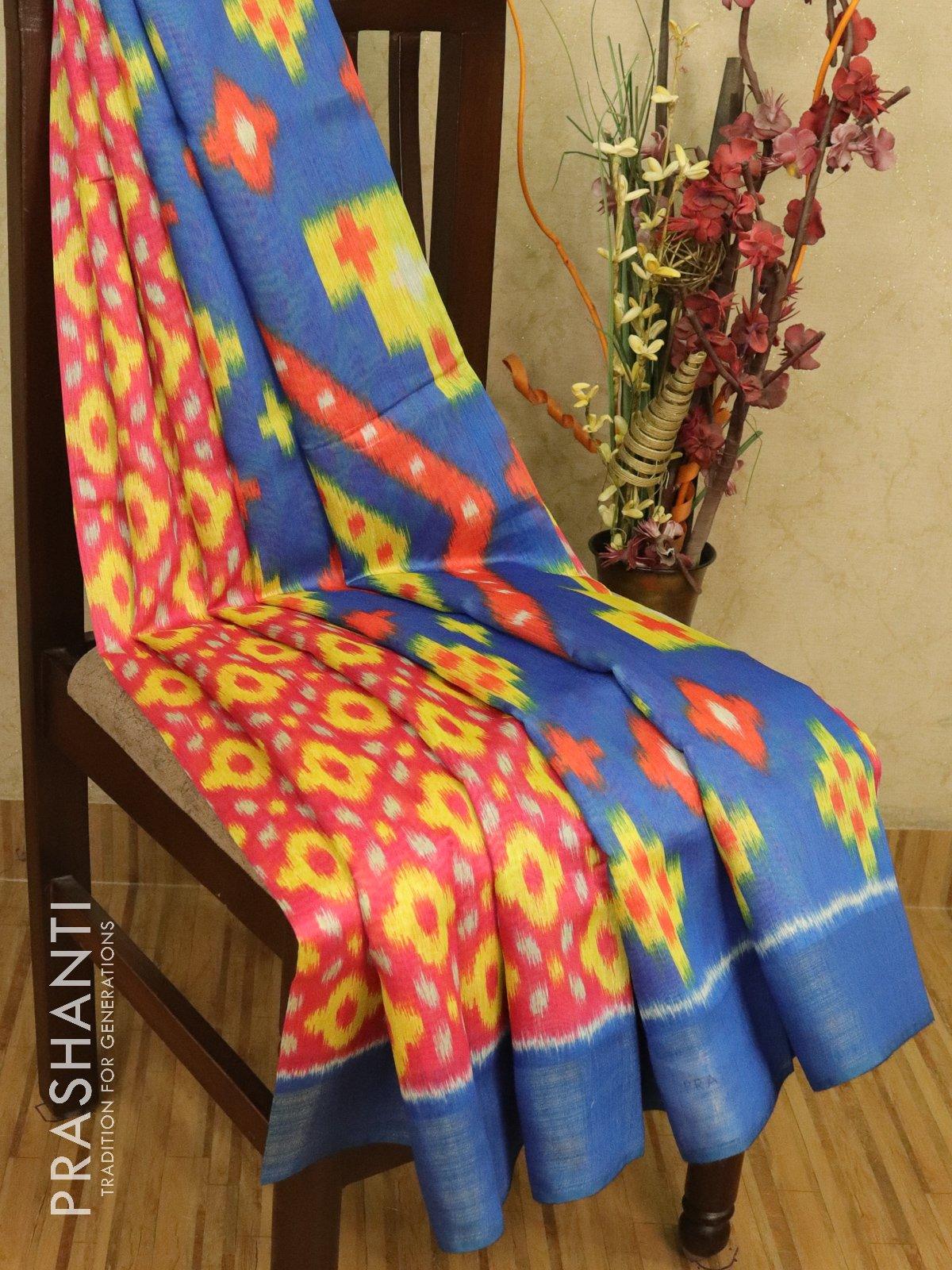 Bhagalpuri saree blue and pink with allover ikat prints and simple zari border - Image 2