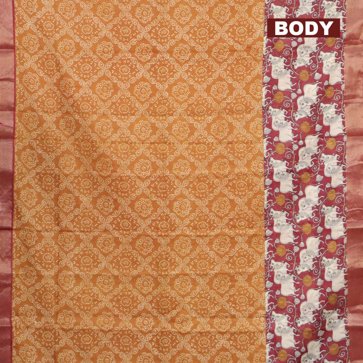 Bhagalpuri saree dark mustard and maroon with allover bandhani prints and long pichwai printed zari woven border - Image 2