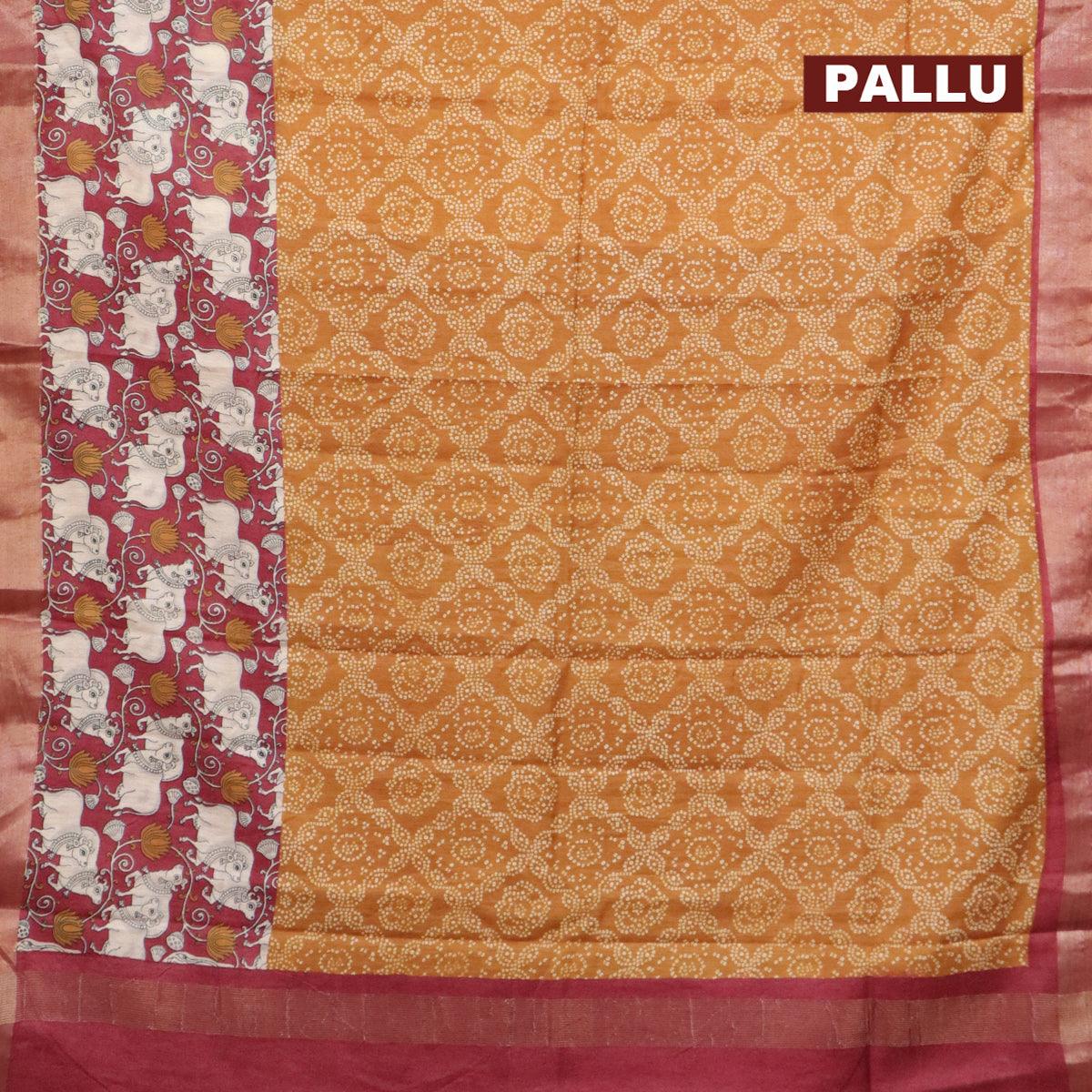 Bhagalpuri saree dark mustard and maroon with allover bandhani prints and long pichwai printed zari woven border - Image 3